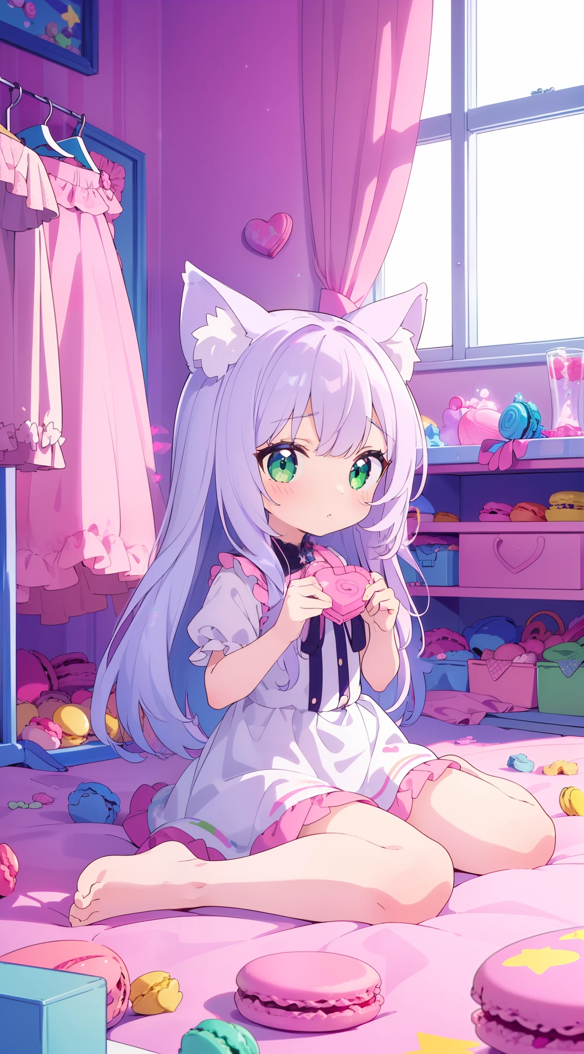 ((((masterpiece)))), high quality,very_high_resolution,full color, 1 girl, silver hair, green eyes, (:1.5),long hair, nekomimi, mini skirt, (((( pink kawaii room )))),,((((pink gothic room)))),(((messy room, Marchen ,sitting,wariza,macarons,Candy,heart item,ribbon,star item, small window))),((Miscellaneous goods are placed in a mess:1.5)),dresser,antimacassar ,