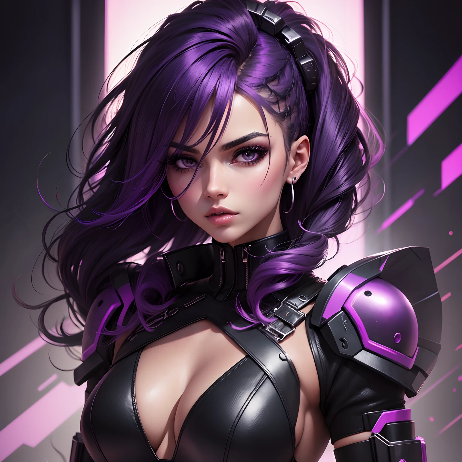 Mulher forte. Cabelos negros. Usando traje Negro com detalhes roxo em neon. Estilo cyberpunk