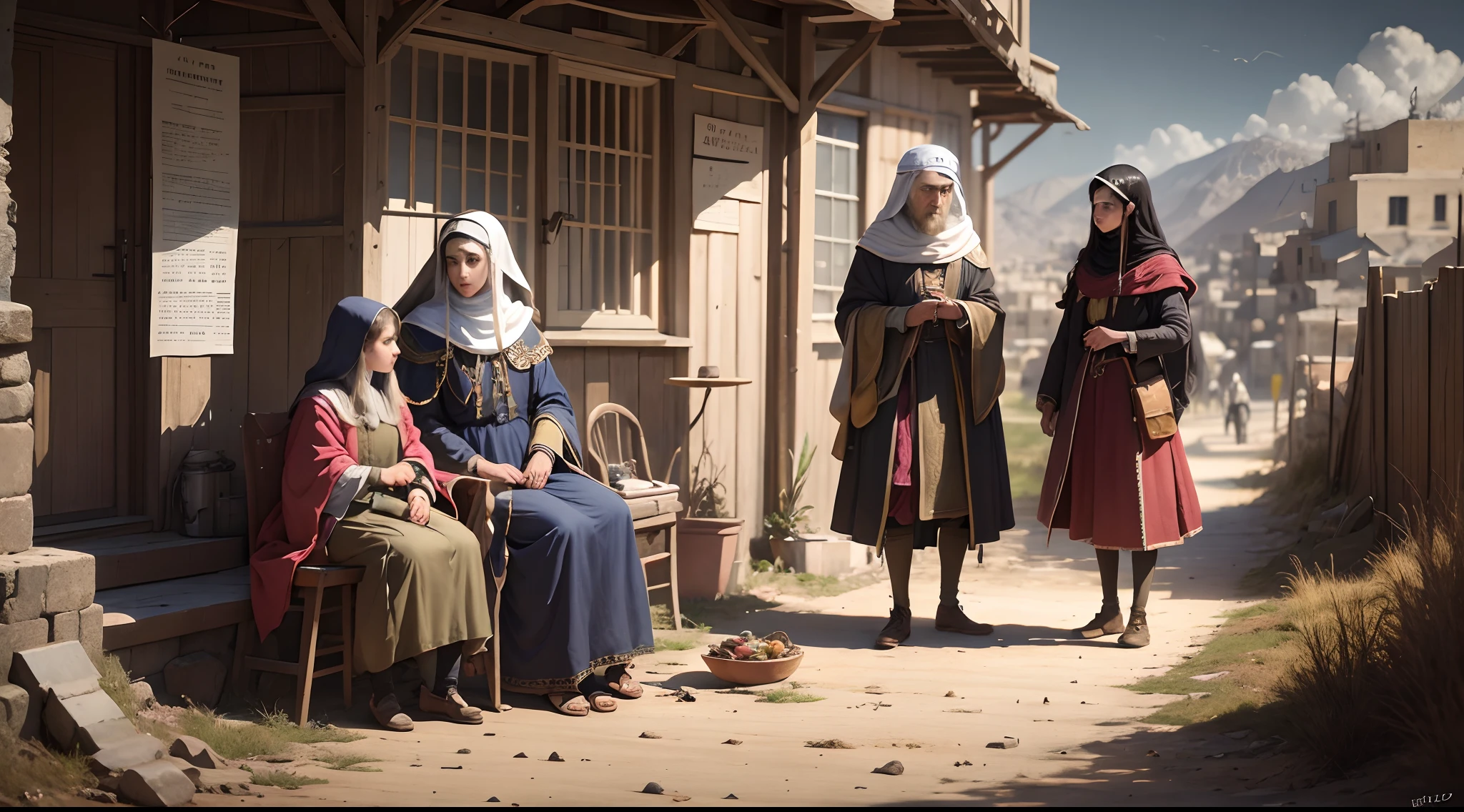 Generate an image depicting a historical scene in the city of Jericho, where two Israeli warriors talk to a woman in a simple dwelling. It's night, the scene should have a cold color palette and detailed settings and costumes reflecting the historical context. The three characters are young, com a mulher sendo excepcionalmente bonita. Your facial expressions should convey concern. Capture the tension of the moment while ensuring accuracy to the historical context, attention to the details of the costume and the scenery, Velho Testamento, 1600 anos antes de Cristo, 4k, HDR