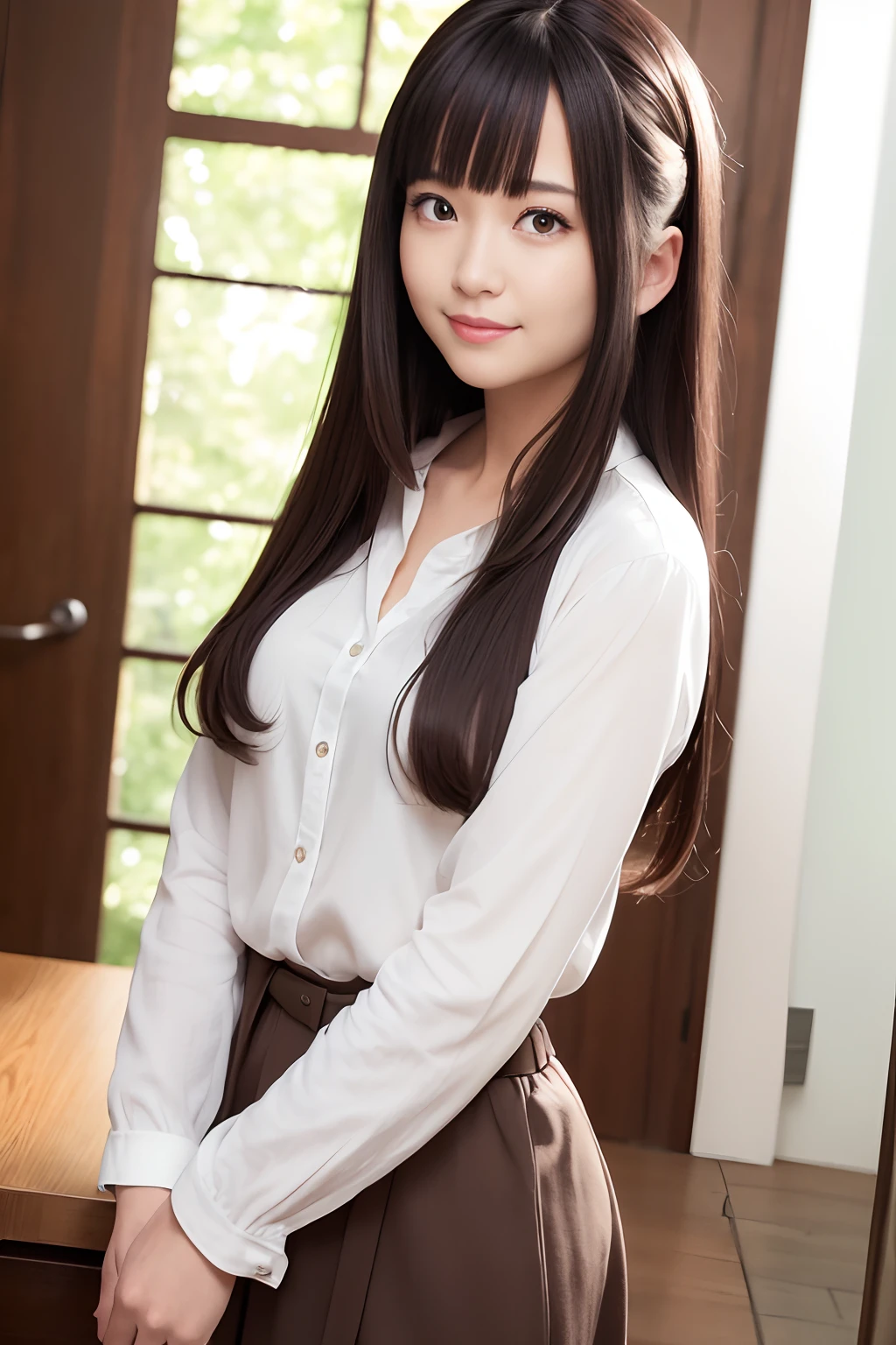 of the highest quality, masutepiece, 超A high resolution, (Photoreal: 1.4), Front view, Half body, western clothes, famous japanese actress, a very beautiful woman, Cute, Nice smile, Cinematic 35mm lens, F/1 .8, Accent Lighting, 8K, a room, Beautiful double eyes with equal left and right eyes, Hands down, poneyTail