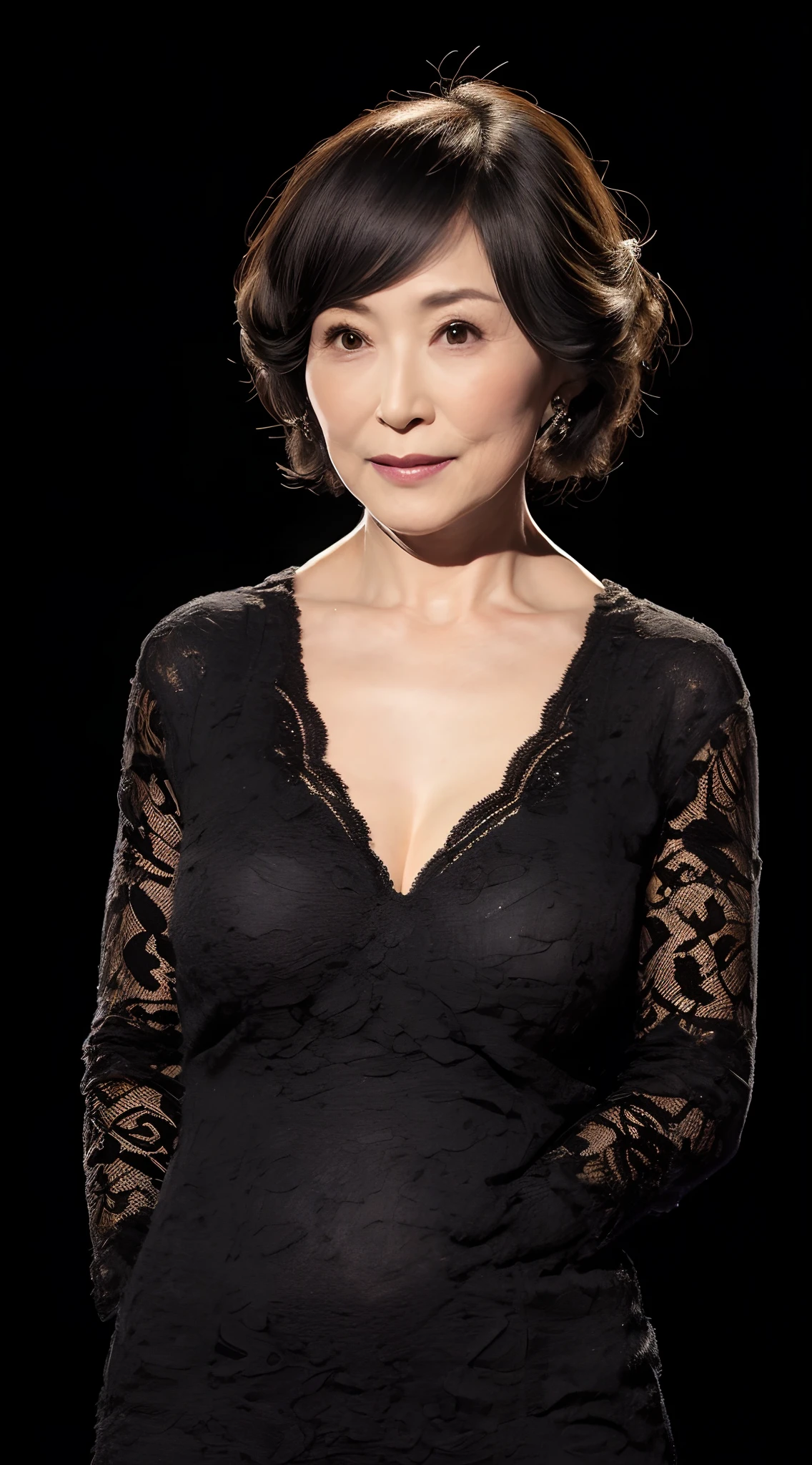 Pitch black background, gravure, from the chest up, masutepiece, Best Quality, Ultra-detailed, Photorealistic, super detailed skin, Perfect Anatomy, (1 japanese mature woman), (Solo), 90 years old, Large breasts, Mature AV Actress, glamor, A sexy, Chromo-white skin, Looking at Viewer