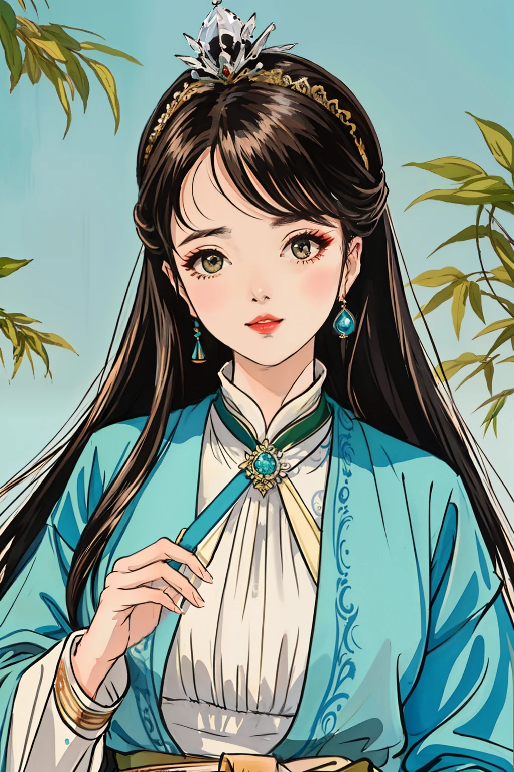 Unparalleled masterpiece, surreal 8K, Perfect artwork, Super Detalhe, best quality, masterpiece 4K wallpaper aesthetics, master part, Obra premiada, Arte Oficial, Cinematic lighting. (Great work: 1.3), (best quality: 1.1)
(elegante: 1.3) Uma mulher elegante, usando um hunfa antiga de bainha branca no estilo wuxia, a white crown on her head and lips slightly raised, as if it conveyed some kind of beauty to people. Sua postura graciosa mostra um temperamento elegante e gracioso, and the whole picture is full of tenderness and delicacy(exibindo o corpo inteiro). The background is a blue sky and green trees, And the whole picture seems to be an idyllic painting, cheio de tranquilidade e harmonia.
_v47:1>.