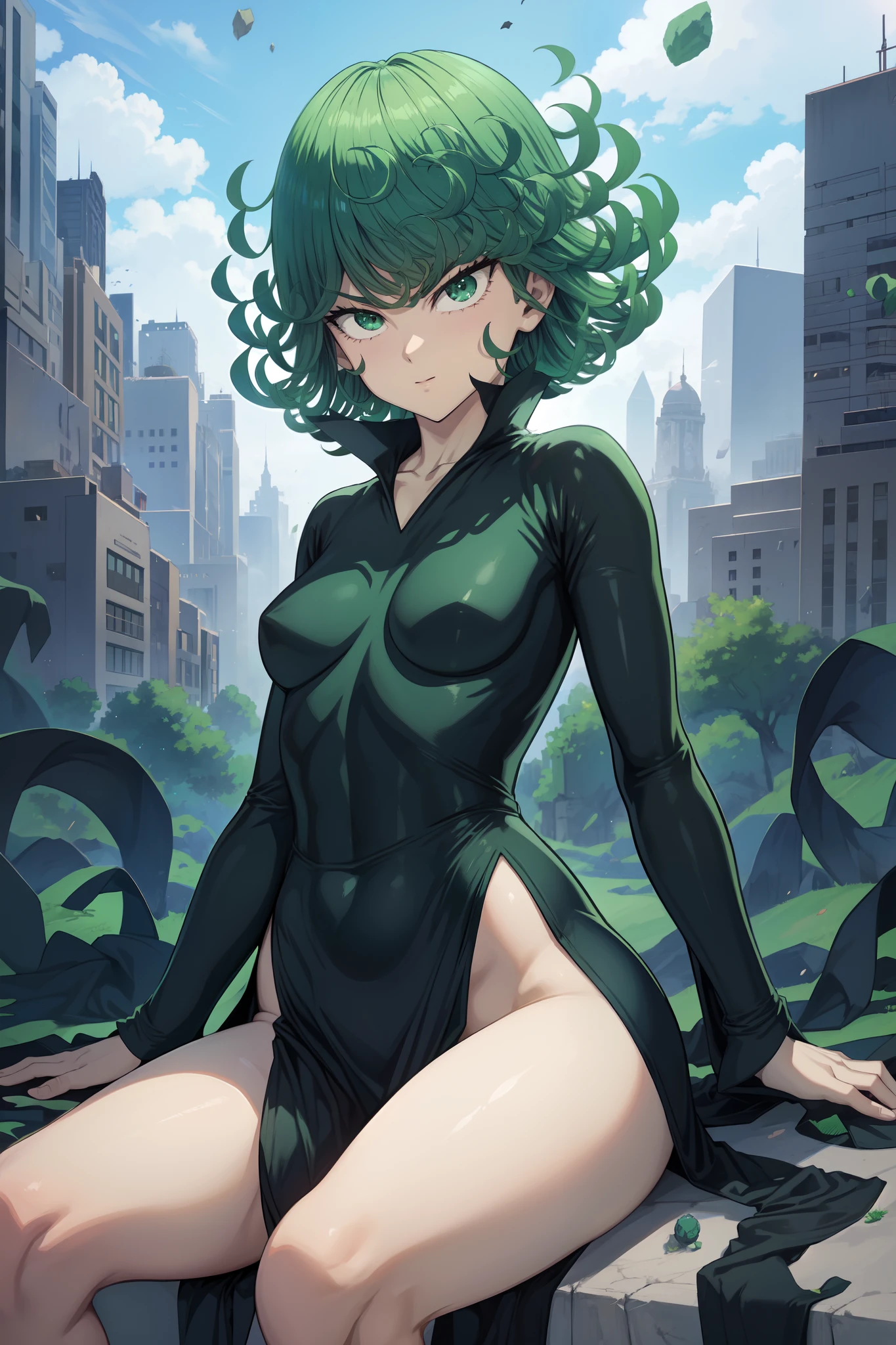 Tatsumaki from one punch man, short green hair, green eyes, Small breast, wearing fitting V-neck black dress with long sleeves and four high-cut leg slits, smiling, sitting in a destroyed city, dynamic pose, dynamic view, hands on hip,