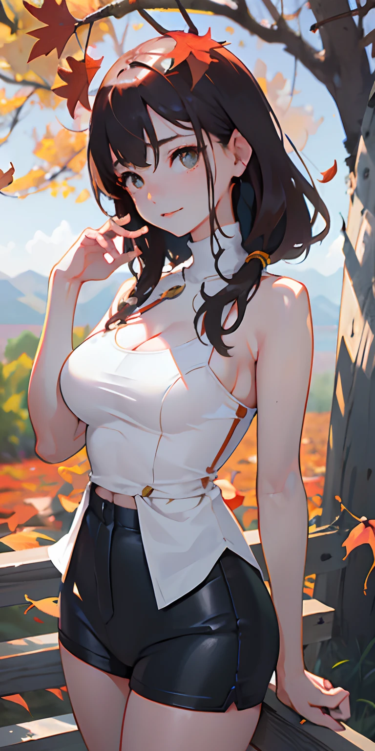 realisticlying、girl with、Outdoor Fashion、Autumn leaves Autumn leaves、Beautiful ginkgo tree、Big breasts with an emphasis on cleavage、Sexy Posing、Nature views