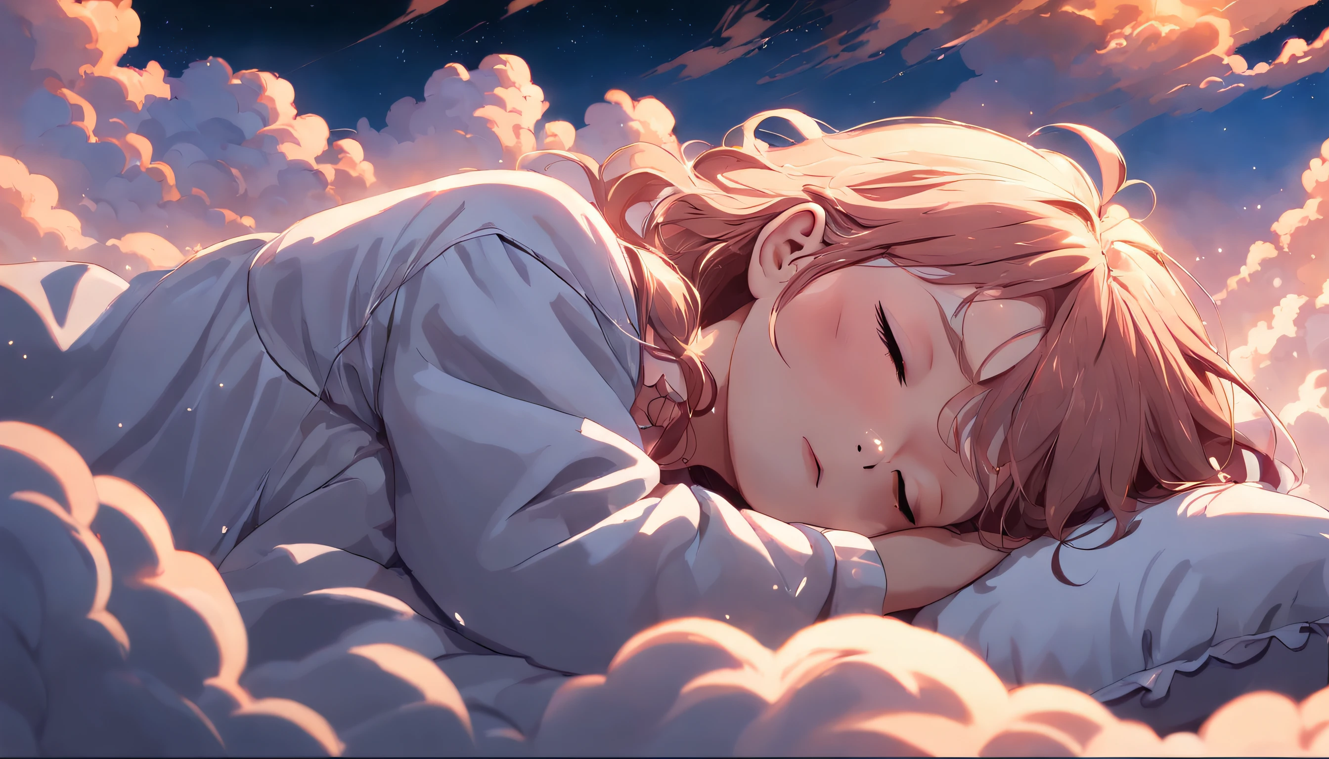 ​masterpiece, Highest Quality, MovieSteel, 1woman, Cloud Girl, Floating in the sky, close-up, brightness, happiness, Warm and soft lighting, sunset, Sleeping, Sleep on your stomach, sleep, eyes closed. (sparks:0.7)