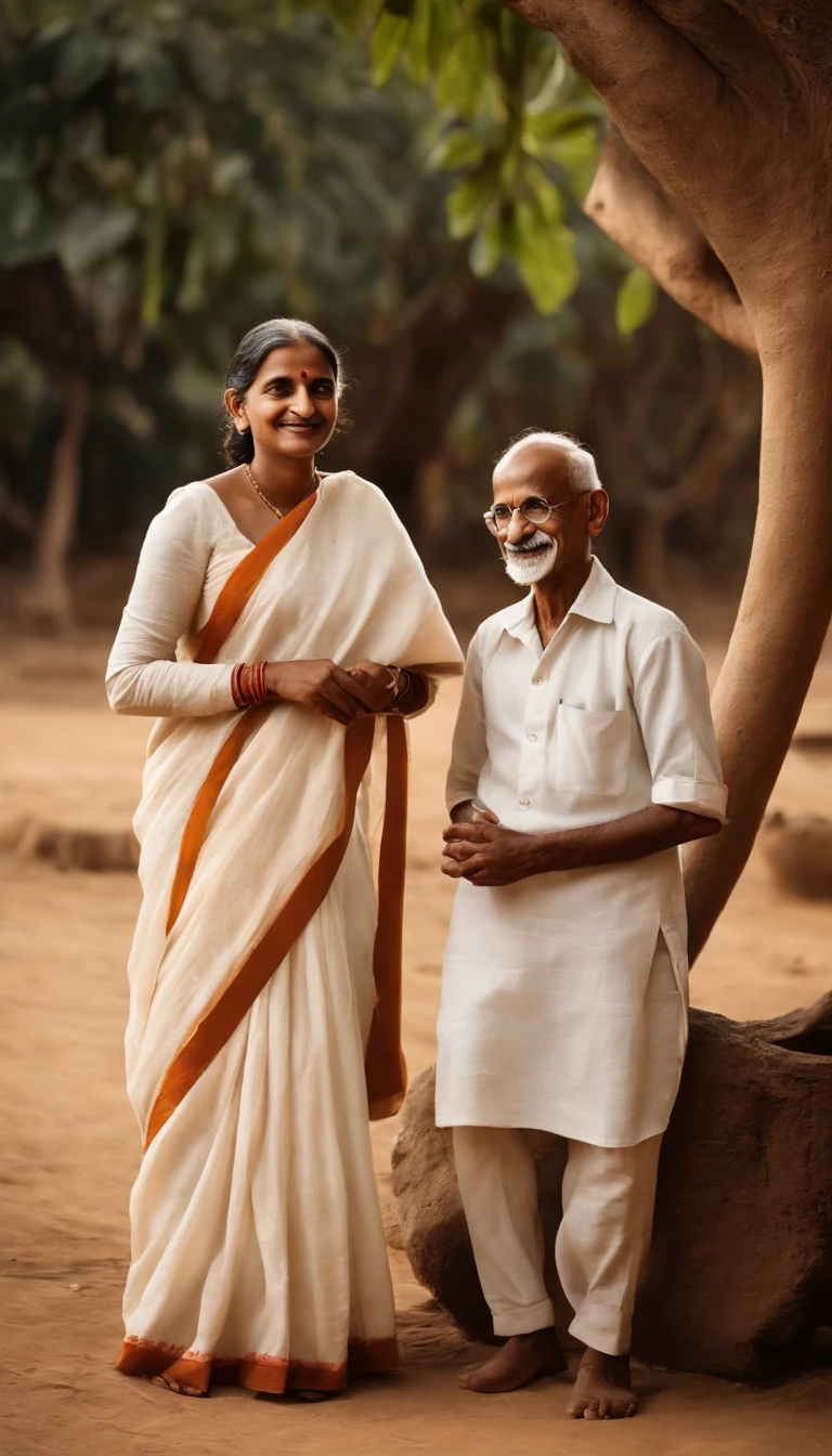 Envision an image that captures a timeless moment with Mahatma Gandhi. He should be dressed in his iconic white khadi cloth, with round glasses perched on his nose and a gentle smile gracing his lips. His frail but firm posture should radiate calmness and wisdom. Flanking him on either side are two young girls, around the age of 8 to 10. One girl should have her hair braided with ribbons, wearing a simple cotton dress, while the other girl wears a traditional Indian kurta, her hair tied back in a ponytail. Both girls should look up to Gandhi with admiration and trust, their expressions a mix of curiosity and respect. The setting is a sunlit courtyard, with the soft glow of the evening sun casting long, golden shadows. In the background, hints of an Indian village can be seen — mud houses, a banyan tree, and perhaps children playing with a spinning top. To add depth, incorporate subtle elements like the charkha (spinning wheel) resting by Gandhi's side, and birds taking flight in the distant horizon. The entire scene should evoke feelings of nostalgia, hope, and the simplicity of bygone days, Ultra photo realsisim