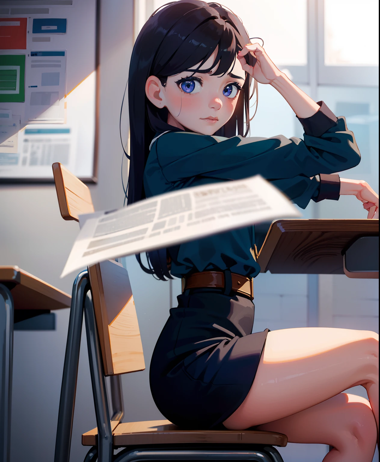 (best quality,highres),thick,shy girl sitting in a classroom, in school uniform, beautiful detailed eyes and face, long eyelashes, pensive expression, diligently doing school work. Crisp focus on the girl, capturing her intricate features and the fine details of her face. Soft lighting illuminates the classroom, creating a serene and tranquil atmosphere. The girl's thick figure is accentuated by the way she sits, exuding a gentle presence. The artwork exhibits a realistic style, with vivid colors and a warm color palette that adds depth to the scene. The girl's shy demeanor is complemented by her posture, slightly hunched over her books, immersed in her studies. The classroom is filled with academic paraphernalia, including textbooks, papers, and a chalkboard in the background, emphasizing the educational setting. Overall, the artwork portrays a peaceful moment of a self-conscious girl engrossed in her studies, inviting viewers to appreciate the beauty of academia and the individuality of each student, super thick, revealing clothes, hentai pic, giant ass, young 20 of age,