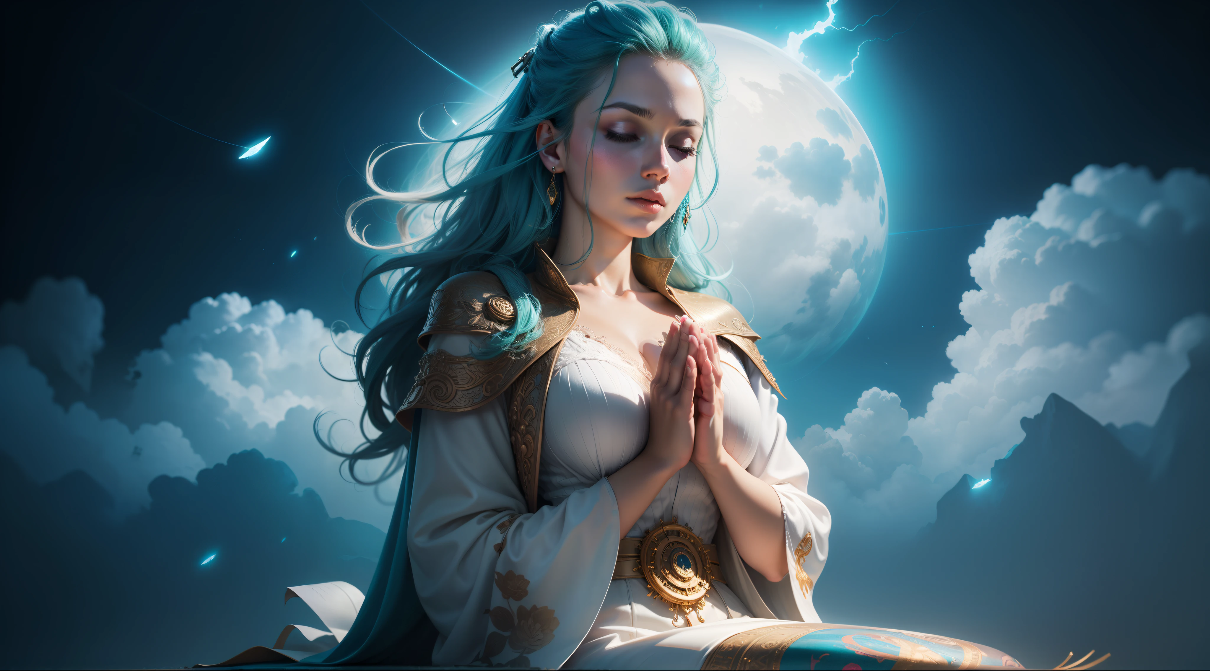 photorealistic portrait of a beautiful woman praying, ((kneeling posture: 1.5)), light hair, 25 years old, stunning realistic photography, (aqua hair: 1.2), (sweater: 1.2), eyes closed, full body, cape, painting hyperdetailed, luminism, bar lighting, complex, 4k resolution concept art portrait by Martina Fačková and Prywinko Art, Artgerm, WLOP, Alphonse Mucha, small realistic steampunk pojatti fusion, fractal isometry details bioluminescens: Amazing hyperrealistic cover photo in color, hand-drawn, dark, gritty, mucha realistic, klimt, erte .12k, intricate. definition of success, cinematic, rough sketch, mix of bold dark lines and loose lines, bold lines, on paper, full body in velvet dress, humanoid, {{{{full body}}}}.