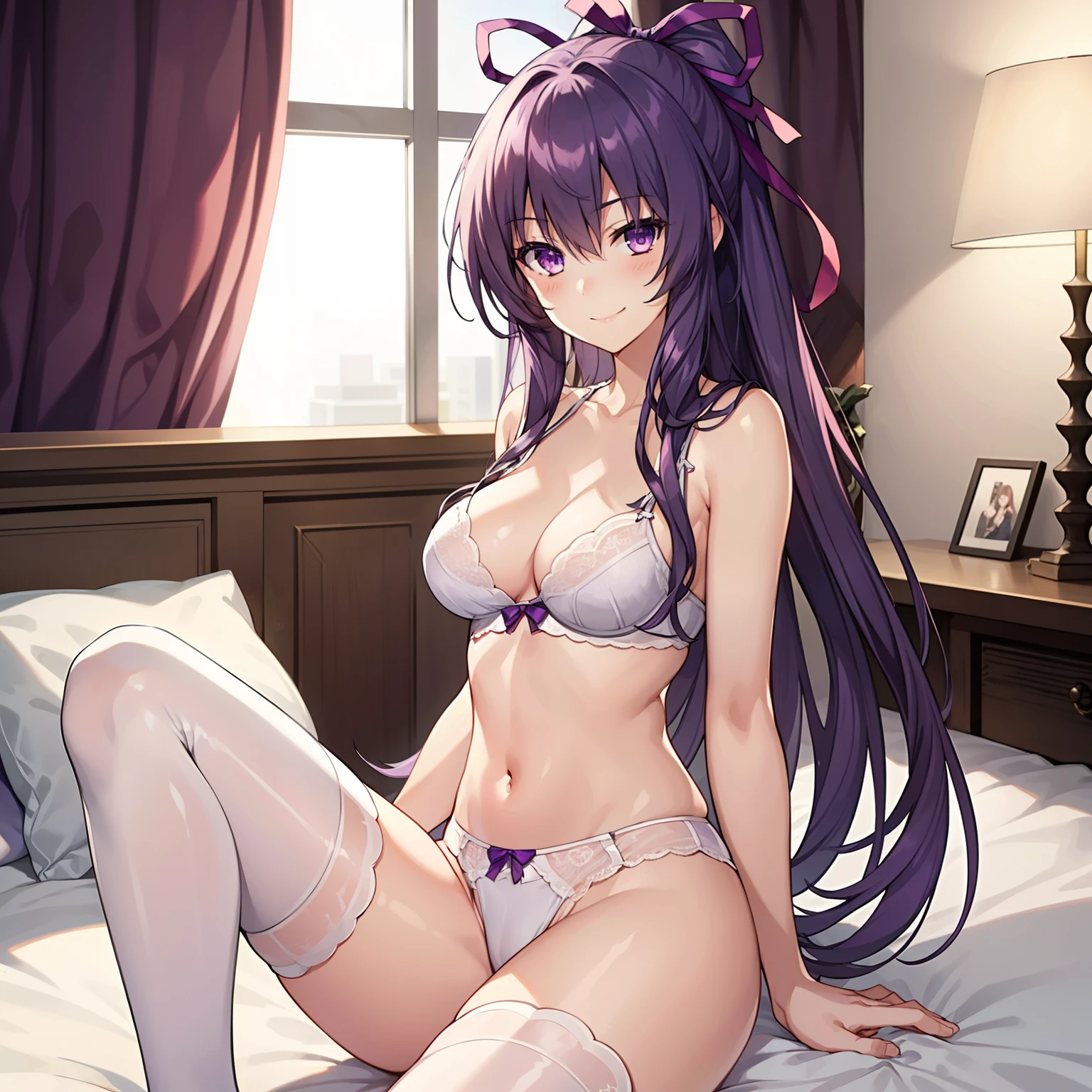 1girl,medium breasts,hotel room,bed,(8k),
,detailed face,purple hair,purple eyes,long hair,embarassed,shy,smiling,hair,hair_ribbon,high_res, high_definition,battlefield,sexy pose,white sexy lingerie,legs open,