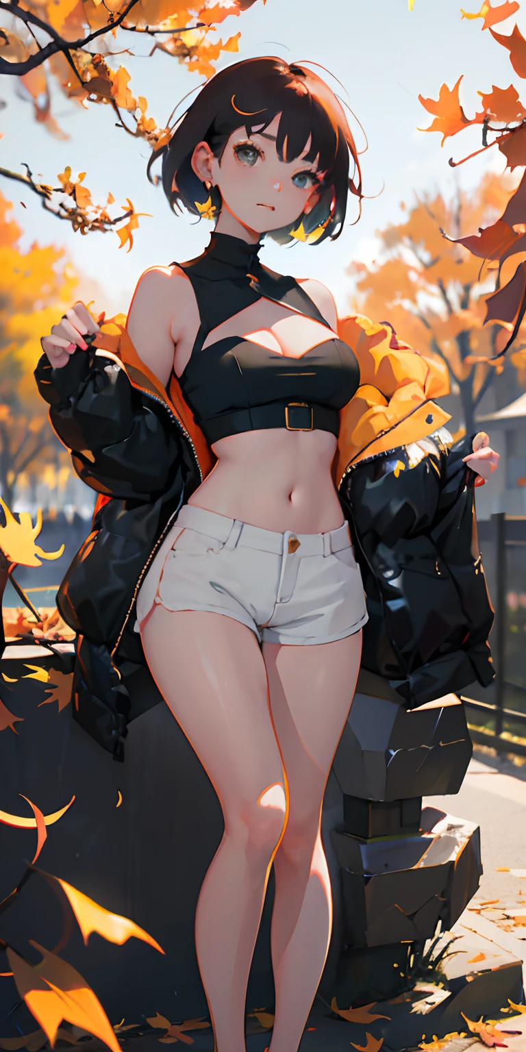 realisticlying、girl with、Outdoor Fashion、Autumn leaves Autumn leaves、Beautiful ginkgo tree、Slightly larger breasts with an emphasis on cleavage、Sexy Posing、Nature views