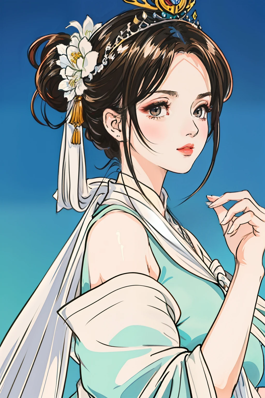 Unparalleled masterpiece, surreal 8K, Perfect artwork, Super Detalhe, best quality, masterpiece 4K wallpaper aesthetics, master part, Obra premiada, Arte Oficial, Cinematic lighting. (Great work: 1.3), (best quality: 1.1)
(elegante: 1.3) Uma mulher elegante, usando um hunfa antiga de bainha branca no estilo wuxia, a white crown on her head and lips slightly raised, as if it conveyed some kind of beauty to people. Sua postura graciosa mostra um temperamento elegante e gracioso, and the whole picture is full of tenderness and delicacy(exibindo o corpo inteiro). The background is a blue sky and green trees, And the whole picture seems to be an idyllic painting, cheio de tranquilidade e harmonia.
_v47:1>.