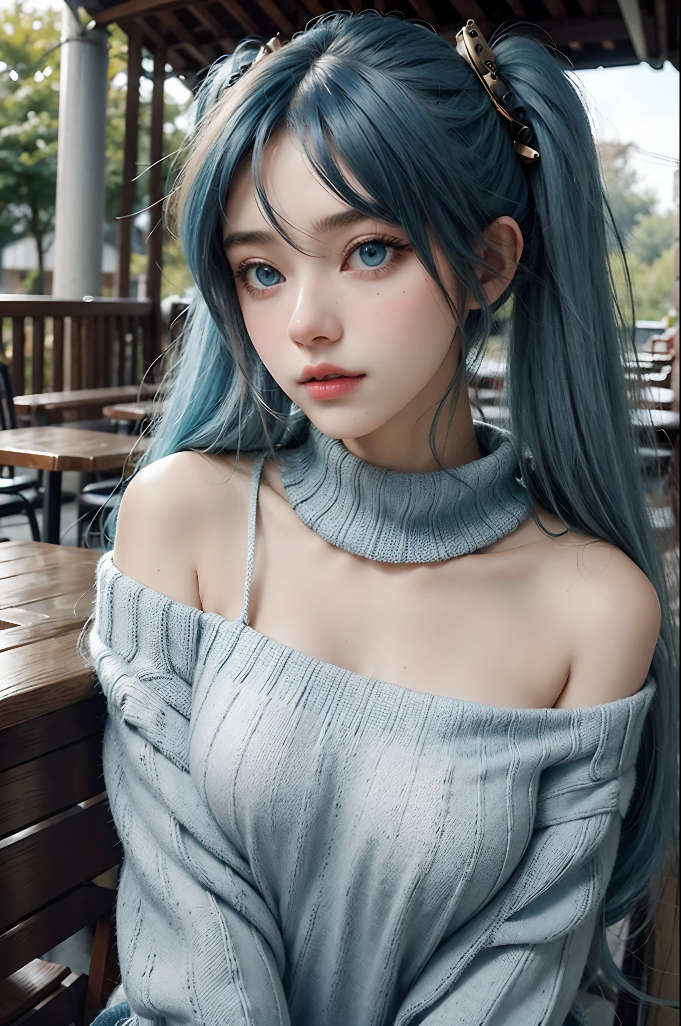 (1girll), 1sona , sona face, blue hair, blue eyes, ojos agudos, ojos rectos, gradient hair, twintails, hair ornament, Brittbeck cute 20 years very happy, wearing a sweater without shoulders, sexi body, big bobs, Retrato en primer plano, 2015 in an outdoor café, Luz de la tarde, add_detaild:1 teta enorme, senos, Conque, Hidrata la piel, piel sudorosa, camiseta punk, chica punk，senos grandes escote expuesto