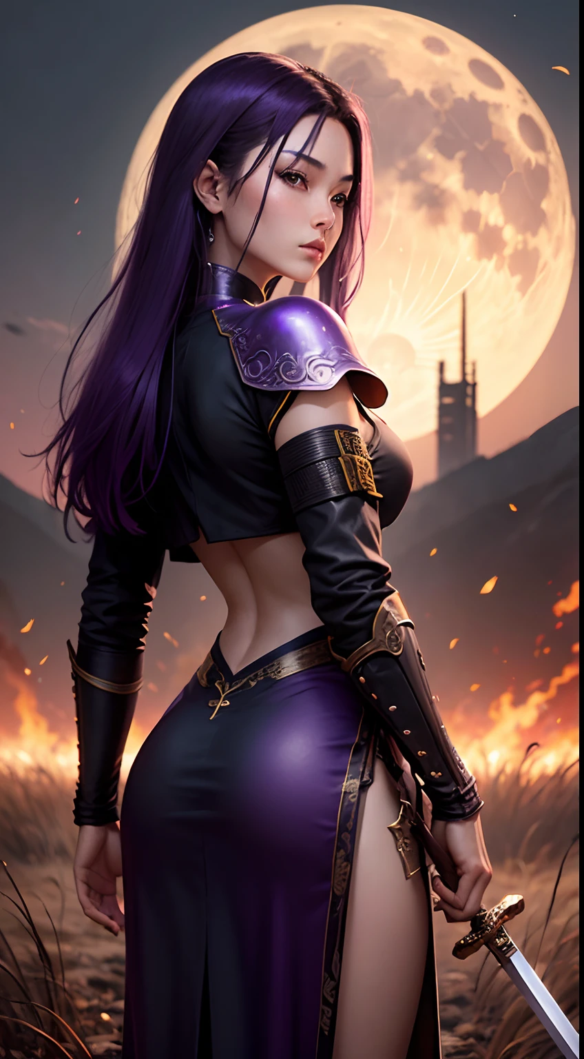 Highly detailed 4k photo (lilith: 1.2), ((whole body, including legs)) , in sexy armor with deep neckline, evening, beautifully drawn hands, (hell: 1.2), demon, horns, sexy armor, chains, fire, view from the back