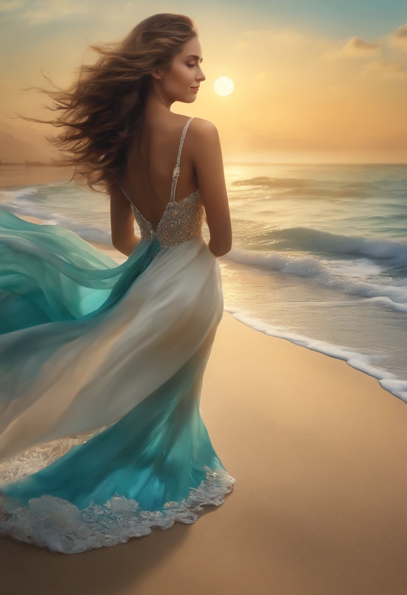 (best quality,4k,8k,highres,masterpiece:1.2),ultra-detailed,(realistic,photorealistic,photo-realistic:1.37),a girl sitting on a sandy beach,enjoying the beautiful ocean view,wearing a colorful summer dress,her hair flowing in the gentle breeze,in the background, clear blue sky and white clouds,sparkling crystal-clear water that fades into different shades of turquoise,a small pathway of tiny hearts in various vibrant colors leading to the girl,each heart carrying a unique and vivid hue,creating a whimsical and romantic atmosphere,the sand beneath her feet is warm and golden,with small seashells scattered around,creating a sense of tranquility and serenity,the girl is holding a seashell close to her ear,listening to the soothing sound of the waves,the sunlight casts a soft and warm glow on her face,illuminating her beautiful detailed eyes and lips,producing a mesmerizing and dreamy effect,the overall color palette is vibrant and saturated,with a mix of warm and cool tones,the beach is bathed in warm sunlight,creating a cheerful and inviting atmosphere,the lighting is soft and natural,enhancing the realistic and lifelike quality of the scene.