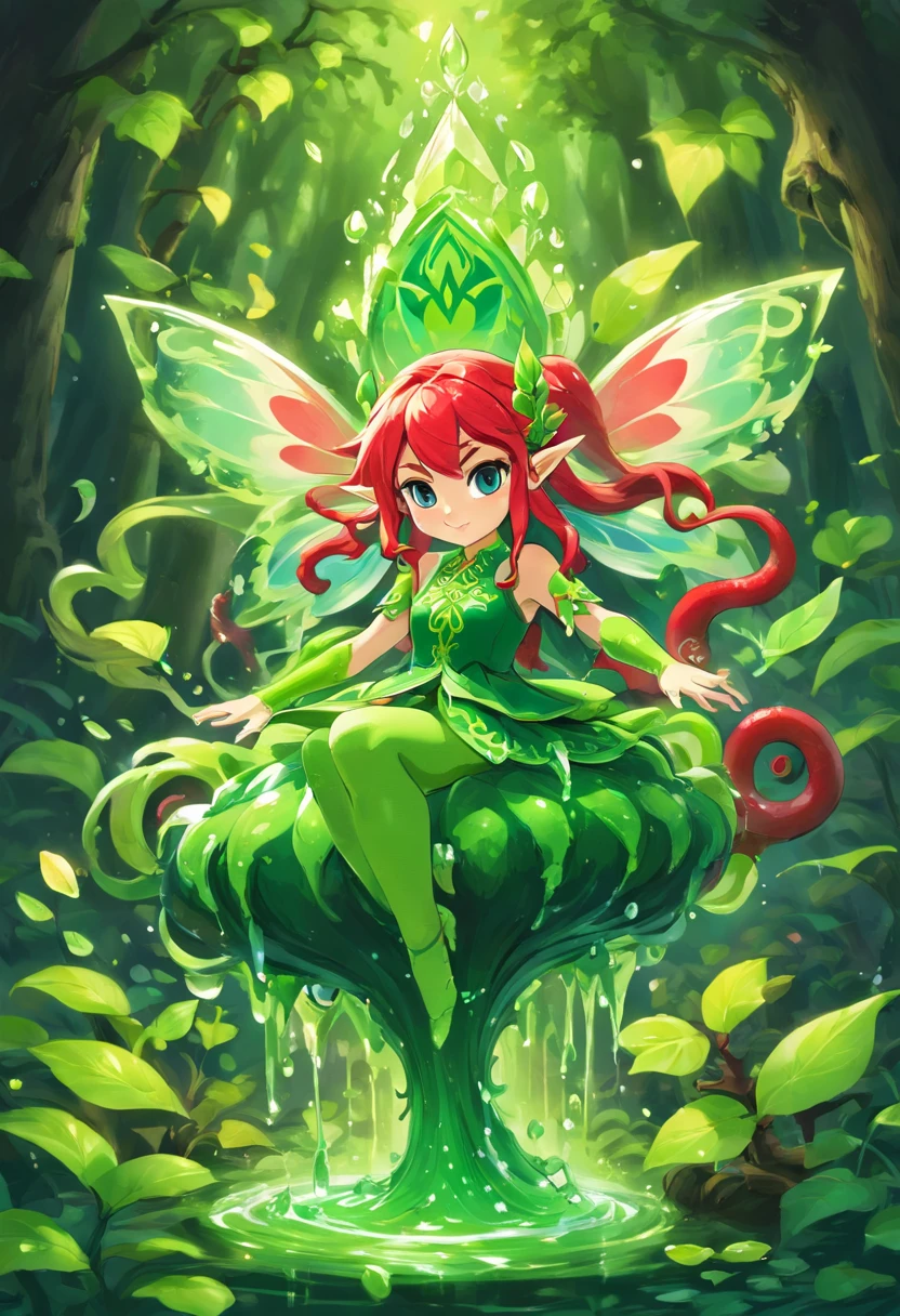 Fairy, green slime armor, red tentacles and tendrils, oozing slime, creepy, masterpiece, best quality