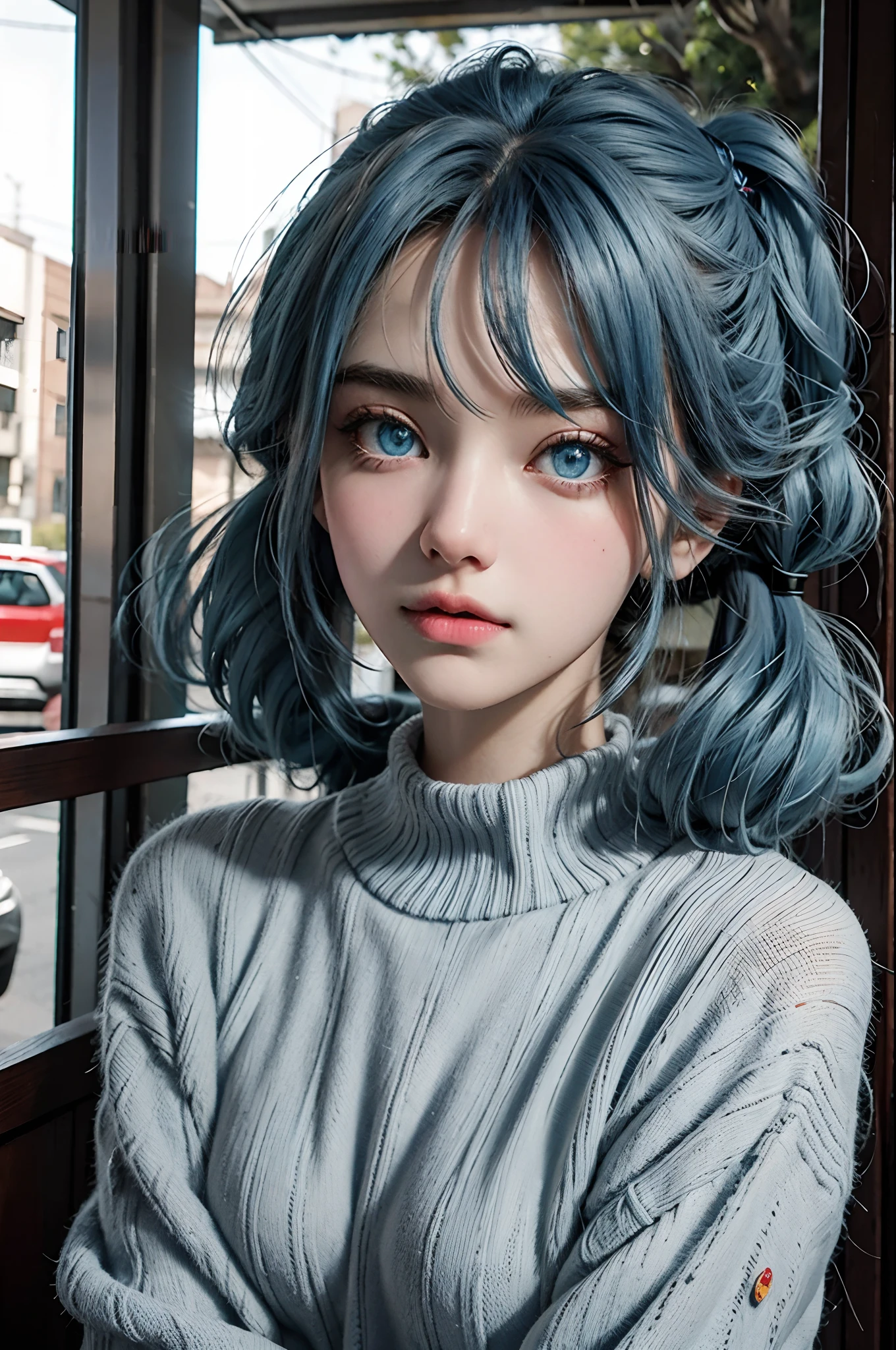 1sona , sona face, blue hair, blue eyes, ojos agudos, ojos rectos, gradient hair, twintails, hair ornament, Brittbeck cute 20 years very happy, wearing a sweater without shoulders, sexi body, big bobs, Retrato en primer plano, 2015 in an outdoor café, Luz de la tarde, add_detaild:1