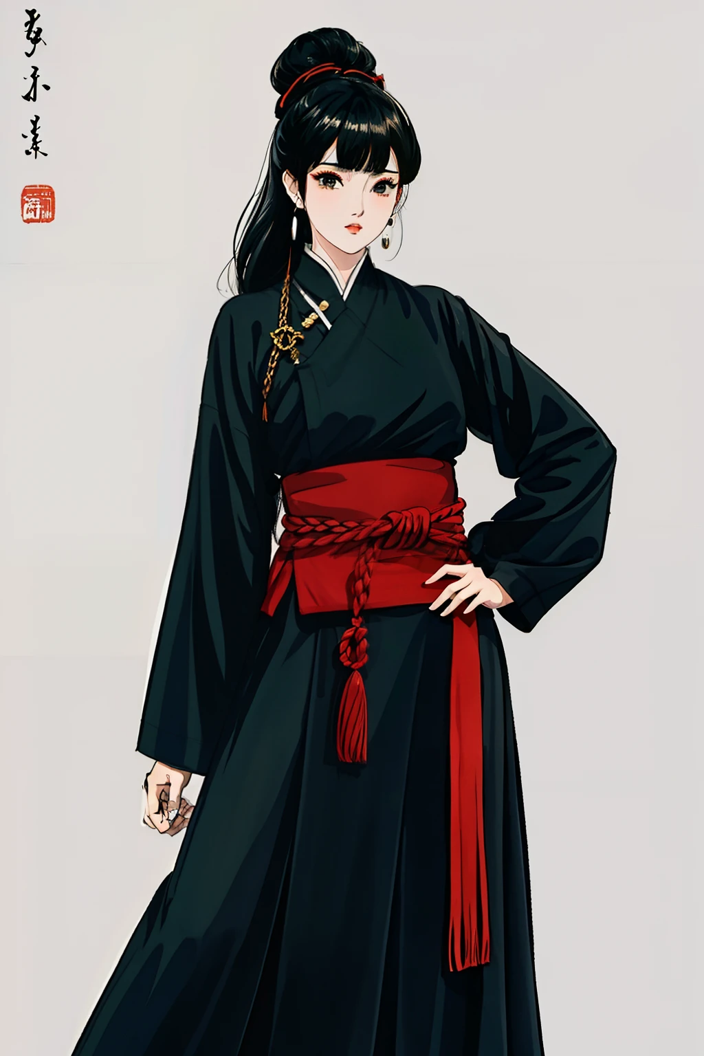 1Homem,de longos e negros cabelos sedosos, usando uma roupa hunfa antiga no estilo wuxia,standing on her feet, Full body in front of a large pavilion, sendo observado, Expression on his face is arrogant and determined