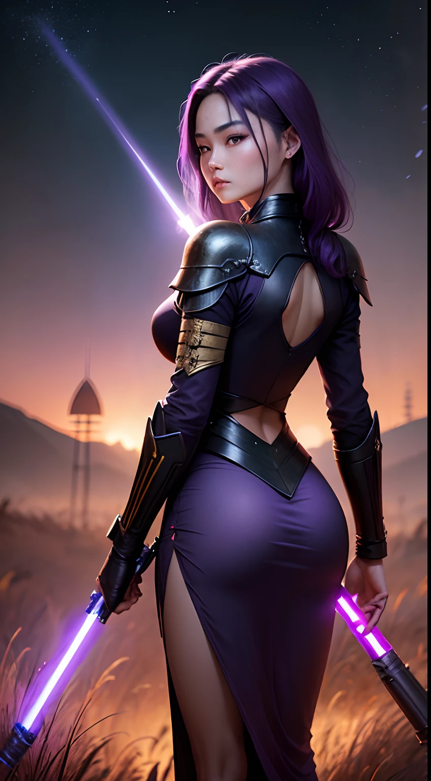 Behind the back of a beautiful female warrior of Chinese amnesty standing with a lightsaber in a burnt field at night　Looking back at me　About 40 years old　Big moon in the background　Chinese actress　Smooth purple hair　full body Esbian　Looking at the camera