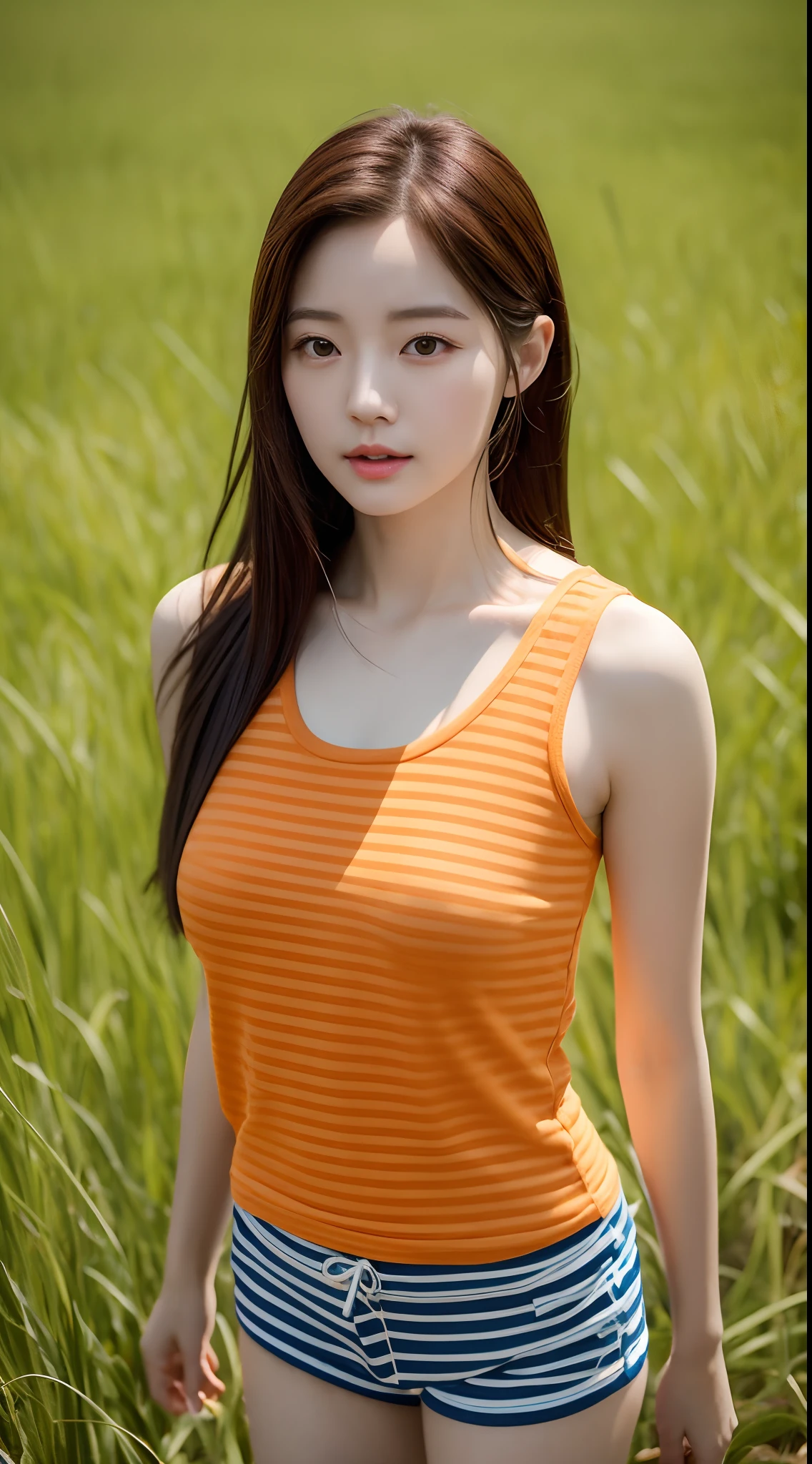 Realistic photos of 1cute Korean star, straight medium hair, 32 inch breasts size, wearing orange striped tank top, shorts, walking in the field, sunshine light, close-up portrait, cinematic lightning, UHD