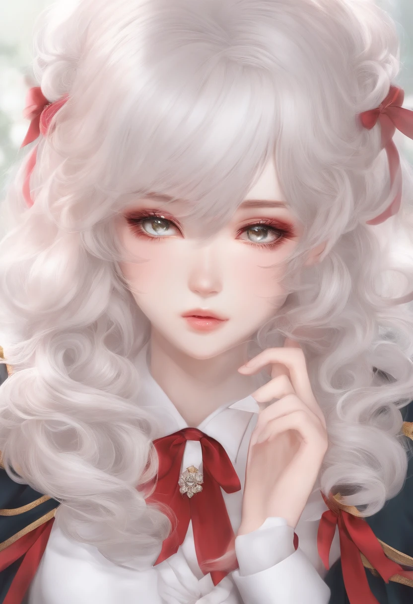 Menina anime com cabelo branco e orelhas de coelho, olhos vermelhos, shy blush, Uniforme escolar
