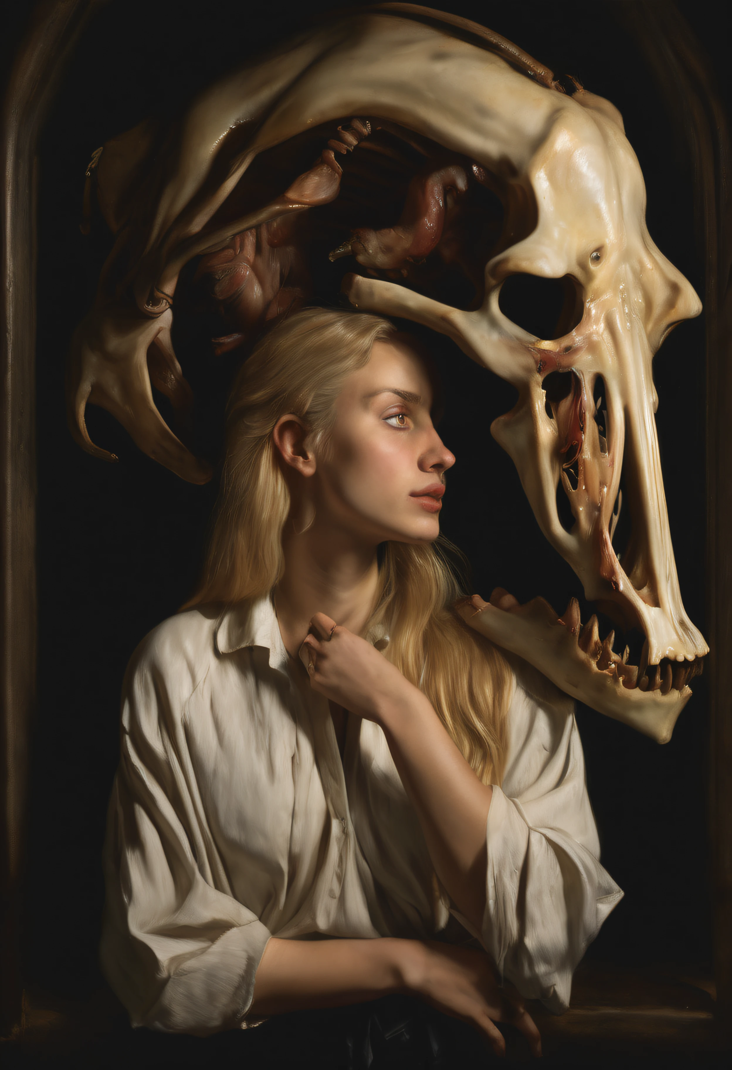 "(The best lighting, alto contraste, oscuro, dramatic),(Chica rubia junto a una cabra negra gigante, Open the rib cage, feto, autopsia, huesos humanos, sangre por las paredes). Luz Caravaggio"
