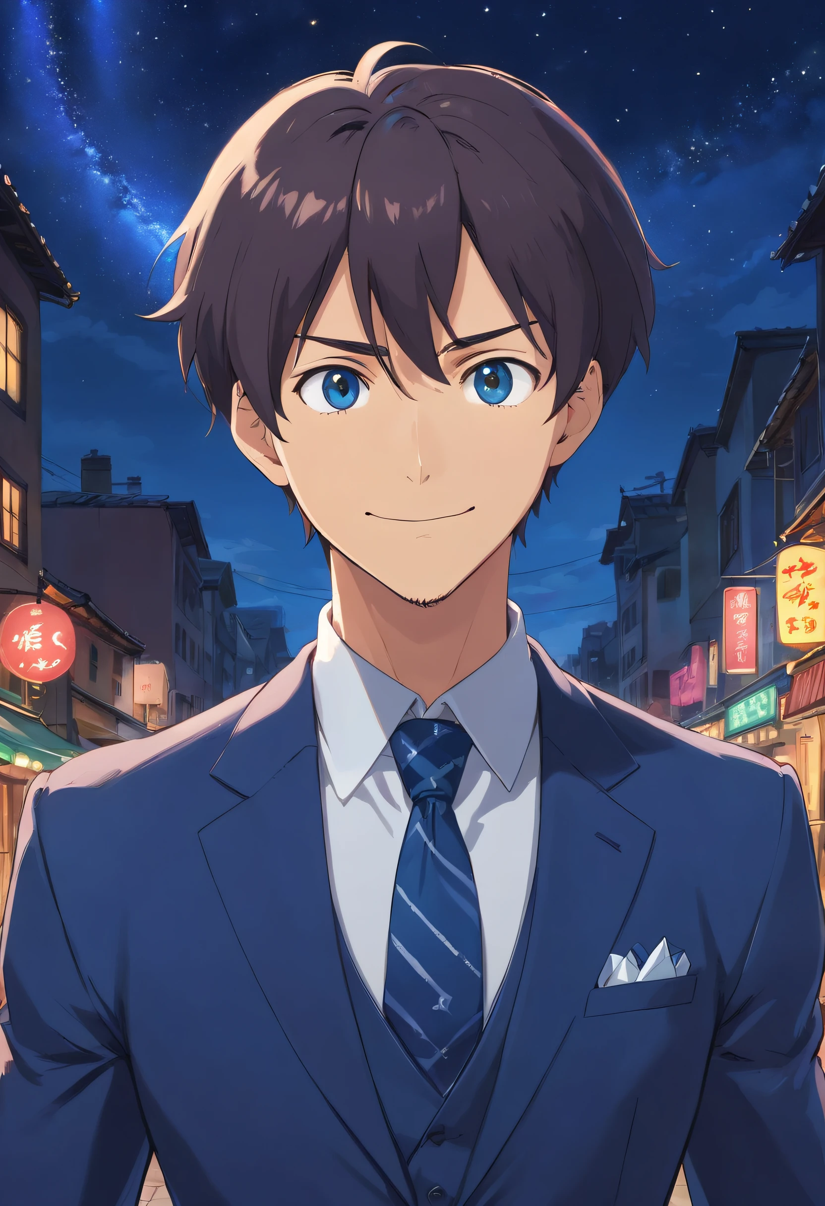 (Front view:1.4),a beard,Groomed beard,45 yers old,Dandyman,A man who looks strong,Composition of the upper body,Makoto Shinkai's painting style,japanes,(A smile:1.3),Ridicule,A tall man,a beard, Delicate facial features like an actor,(short-haired:1.4),True black hair, Sports Hairstyles,(Dark blue suit:1.5)、Dark blue tie,Intense muscles, eyes are brown, Starry sky background in night sky