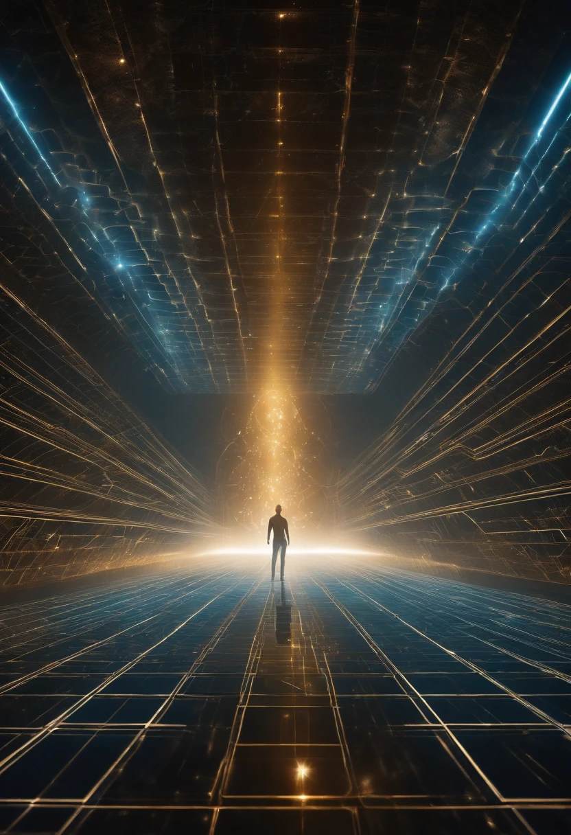 in a futuristic setting, A Vibrational Quantum Extraterrestrial Medbed Chamber with Ethereal Sine Waves and Cybernetic Codes Stands Out, emitting an ethereal glow. An aura of a man is inside the platform receiving energy only aura from that human , Cercado por uma aura de luz vibrante que representa seu campo de energia. Hertz bands dance through the air in complex shapes, while the cybernetic vibratory codes flow like rivers of light around the individual. The chakras are visible as spinning vortices of intense colors, each aligning perfectly with the vibratory frequencies. The holographic platform projects a cinematic hologram of the standing human figure, whose body is composed purely of light and energy. Dust particles float in the environment, vibrating in harmony with the waves of energy that permeate space. Strands of ethereal energy intertwine in the air, connecting to the central figure and radiating to the surrounding environment. A quality astral projection is rendered, allowing the individual to explore their own energy field in profoundly transformative ways. Enquanto isso, The platform functions as a cell regeneration room, offering a large genetic healing room where the fusion of extraterrestrial technology and human bioenergy triggers an innovative healing process. As humans connect with technology, State-of-the-art cybernetic implants integrate seamlessly, further enriching the experience. The surrounding environment is a crystal clear room, which amplifies vibrations and creates an atmosphere of transcendence. It's a mesmerizing vision of how technology and energy can come together to explore and enhance the capabilities of the human body and mind, in tune with the vibratory forces of the universe.