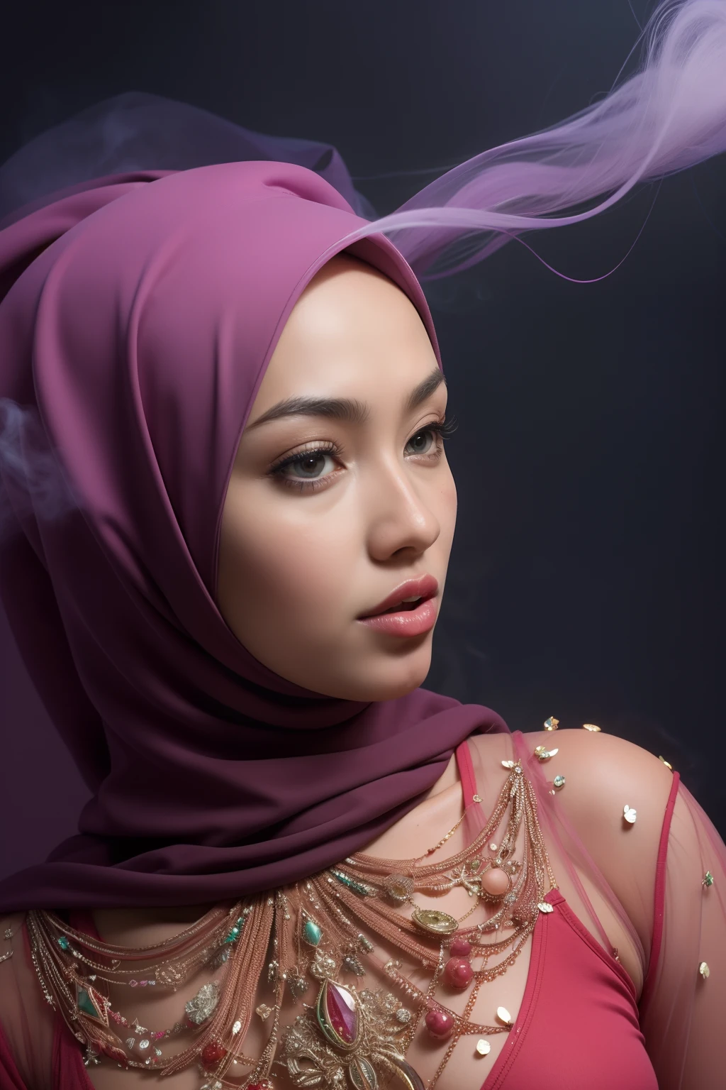 1 malay girl in hijab, solo, strawberry field, strawberry, (white smoke:1.3) (photorealistic:1.4), zentangle, mandala, entangle, official art, unity 8k wallpaper, ultra detailed, beautiful and aesthetic, masterpiece ,best quality, (dynamic angle:1.4), glowing skin, (floating colorful sparkles:1) the most beautiful form of chaos, elegant, a brutalist designed, vivid colours, romanticism depth of field exotic_dance, sexy