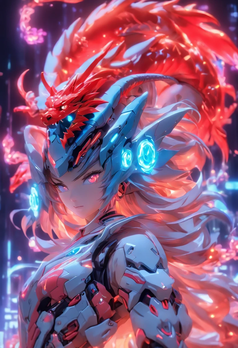 ChinesischDrache, (Blind Box Spielzeug Stil:1.2), (full-body shot) , 1 Transparent Girl,Hinter ihm steht ein durchsichtiger chinesischer Drache, Transparenter Mech, Exquisiter Helm:1.2, Leuchtende Brille:1.2, Cyberpunk, Dreamy glow, leuchtende Neonlichter, sauber, white background, ( Globale Beleuchtung, Rochen-Traching, HDR, Unwirkliches Rendern,Reasonable design, Hohe Detailgenauigkeit, Meisterwerk, best quality, hyper HD, Filmische Beleuchtung)