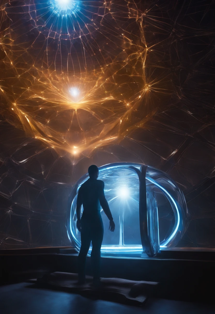 in a futuristic setting, A Vibrational Quantum Extraterrestrial Capsule with Ethereal Sentient Waves and Cybernetic Codes Stands Out, emitting an ethereal glow. An aura of a man is inside the platform receiving energy only aura from that human , Cercado por uma aura de luz vibrante que representa seu campo de energia. Hertz bands dance through the air in complex shapes, while the cybernetic vibratory codes flow like rivers of light around the individual. The chakras are visible as spinning vortices of intense colors, each aligning perfectly with the vibratory frequencies. The holographic platform projects a cinematic hologram of the standing human figure, whose body is composed purely of light and energy. Dust particles float in the environment, vibrating in harmony with the waves of energy that permeate space. Strands of ethereal energy intertwine in the air, connecting to the central figure and radiating to the surrounding environment. A quality astral projection is rendered, allowing the individual to explore their own energy field in profoundly transformative ways. Enquanto isso, The platform functions as a cell regeneration room, offering a large genetic healing room where the fusion of extraterrestrial technology and human bioenergy triggers an innovative healing process. As humans connect with technology, State-of-the-art cybernetic implants integrate seamlessly, further enriching the experience. The surrounding environment is a crystal clear room, which amplifies vibrations and creates an atmosphere of transcendence. It's a mesmerizing vision of how technology and energy can come together to explore and enhance the capabilities of the human body and mind, in tune with the vibratory forces of the universe.