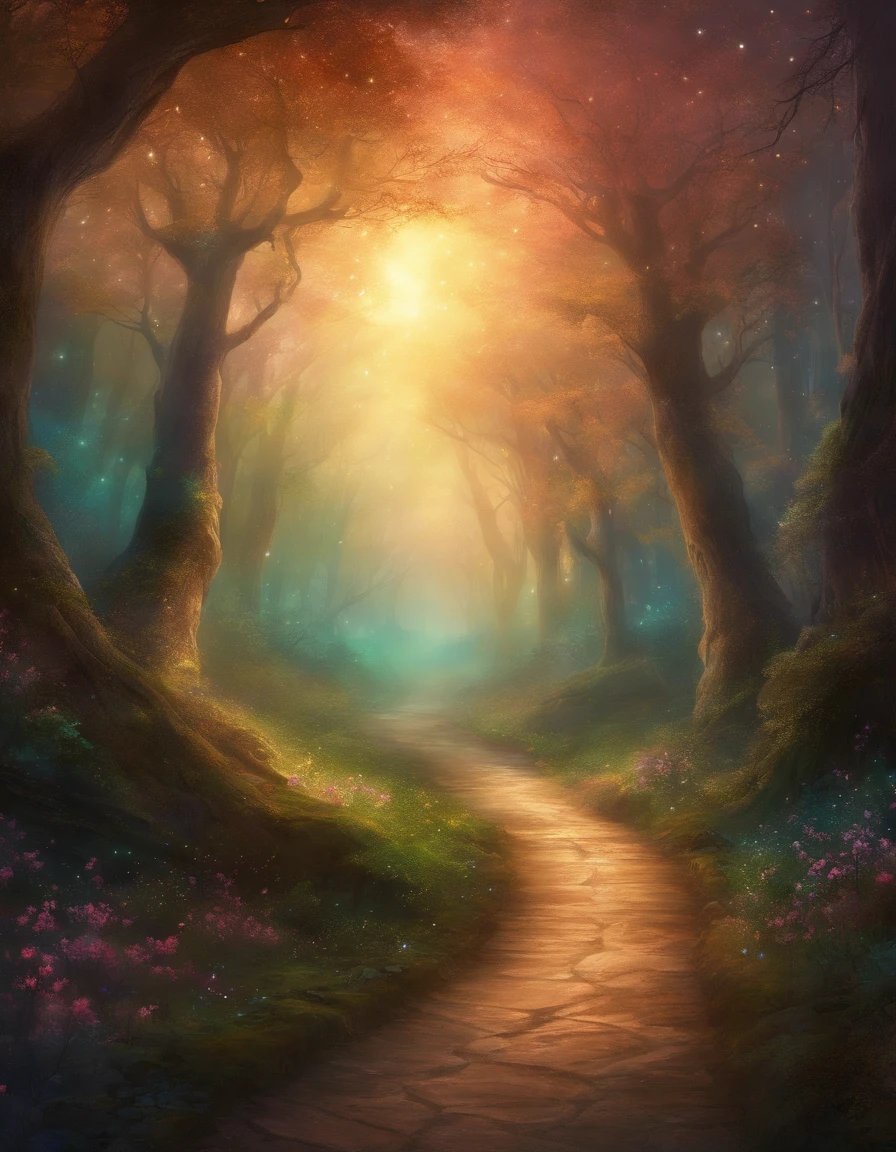 An enchanting road winding through a mystical forest, under a starry sky.