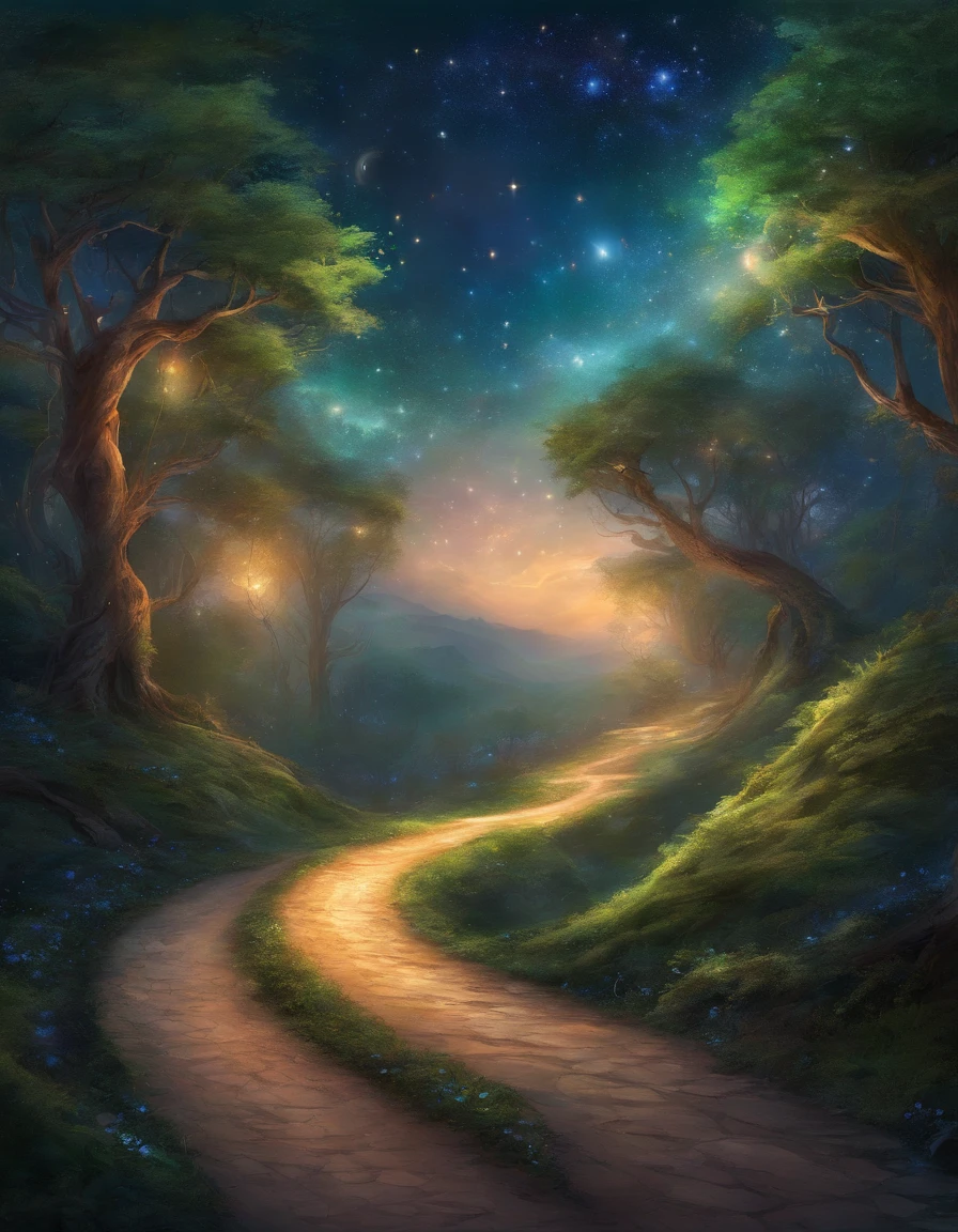 An enchanting road winding through a mystical forest, under a starry sky.