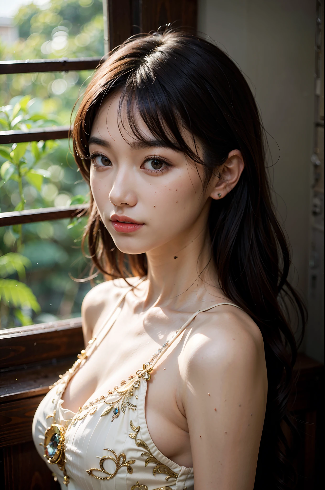 (RAW Photos, Highest quality), (Realistic, Photorealistic:1.3), Tabletop, Crying face, Very delicate and beautiful, Soft Light, (Brown Hair, Straight shoulder-length hair fluttering in the wind), Beautiful detailed girl, (Detailed fingers), Highly detailed eyes and face, Beautifully detailed nose, Beautiful attention to detail, 1 Girl, Japanese, Pure beauty, cute, (Half Body:1.3), Realistic face, Realistic body,