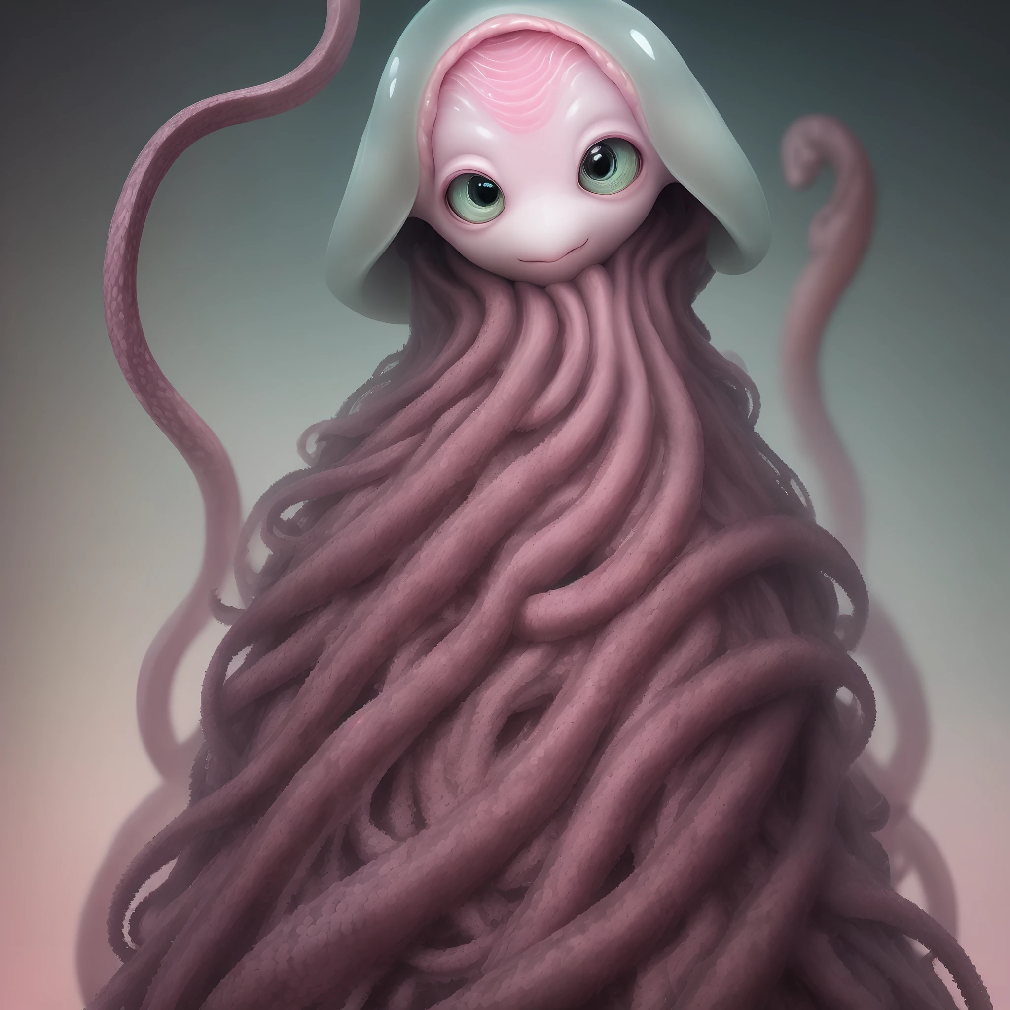 human-like aliens, tentacles for hair, fish-like eyes, snake-like nose, greyish-pink skin