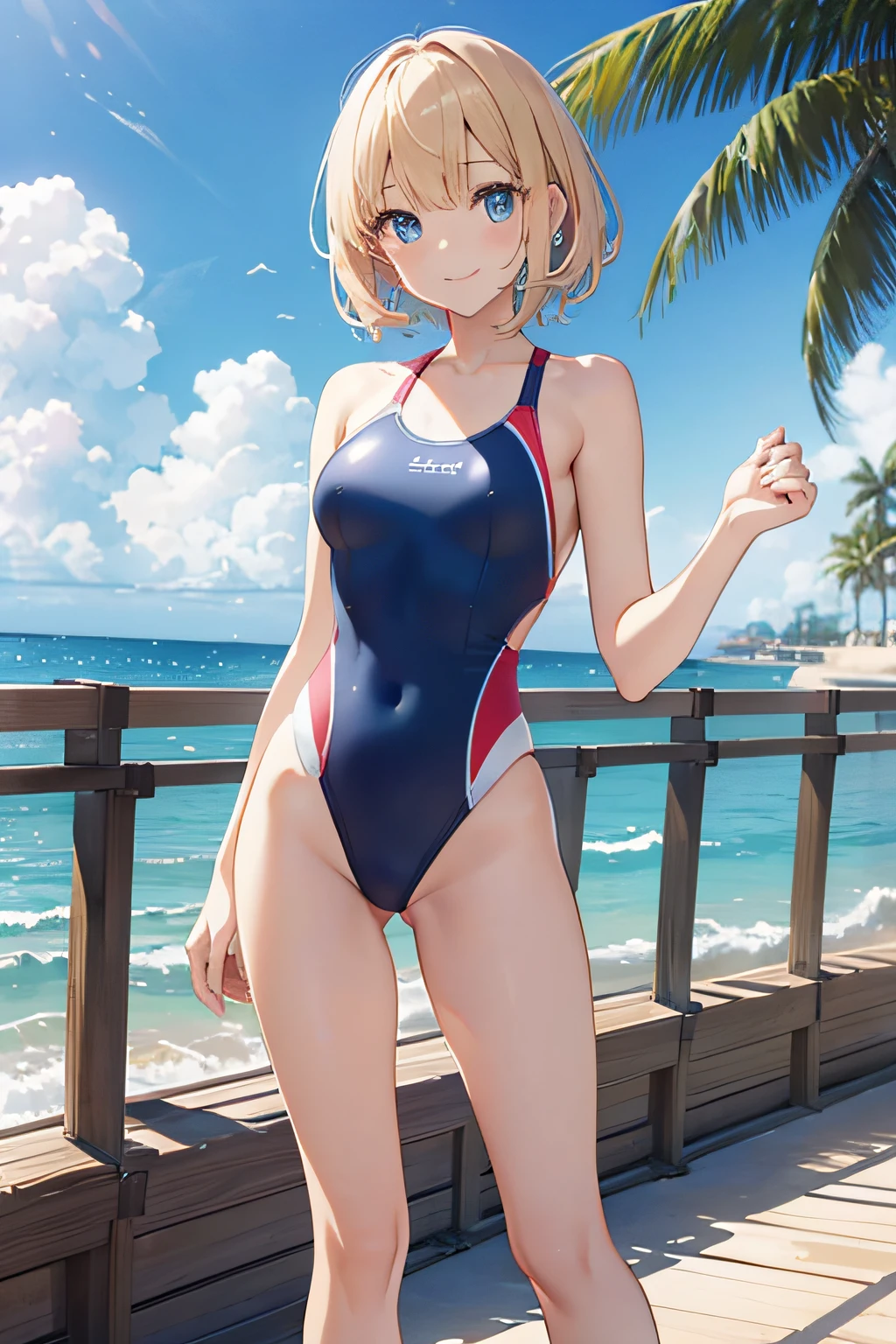 top-quality、extremely delicate and beautiful、Soio、Soio、Blonde blue-eyed、short-hair、（Slingshot High Leg Retard Swimsuit）、Princess、Princess、A smile、is standing、Facing the front、Empty beach in the background