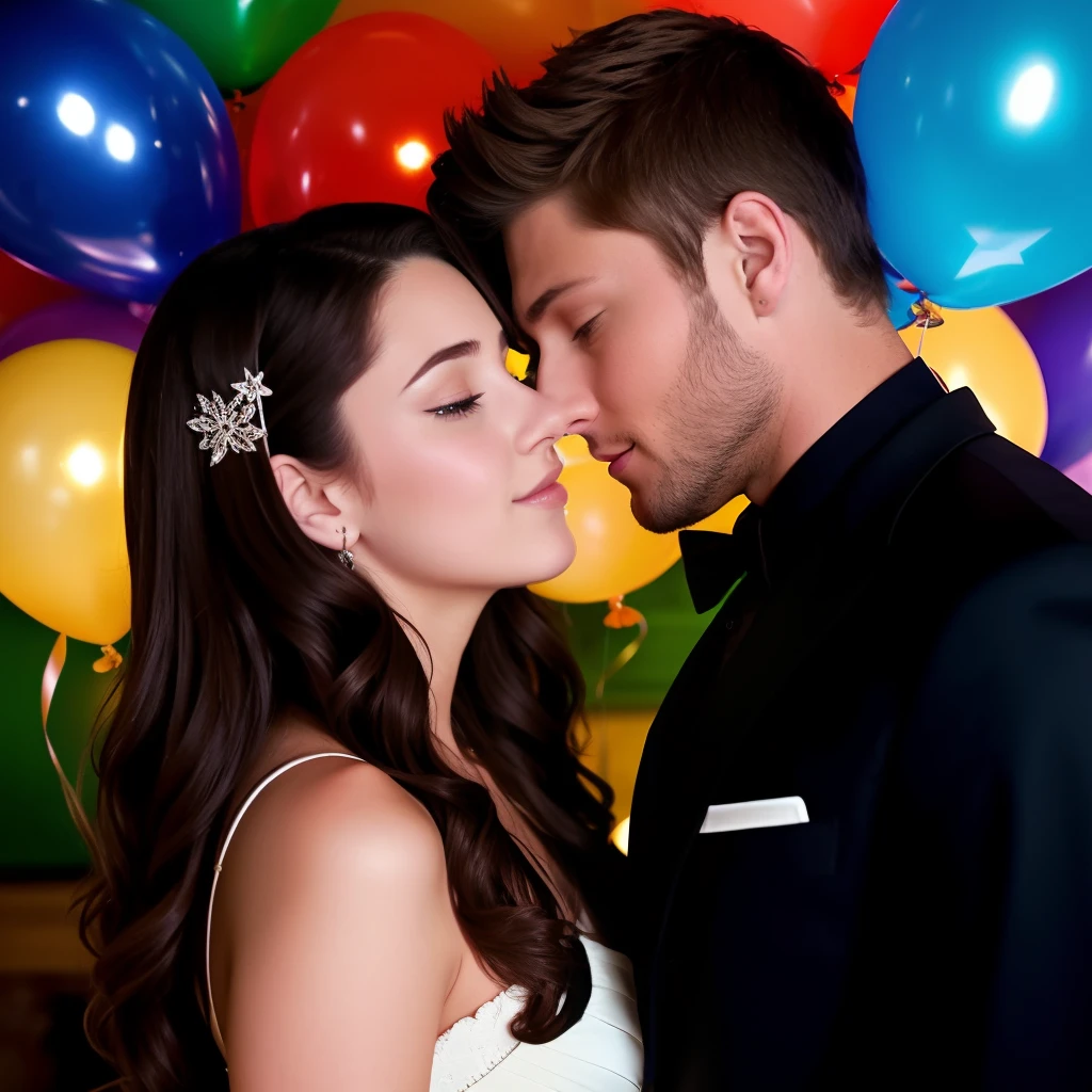 Brunette young woman with long eyelashes, sophia black d'elia like, holding a short brown hair guy, jensen ackles like, couple on prom night, looking at each other, 1boy, 1girl, happy, romantic, balloons, beautiful, volumetric lighting, cinematic, masterpiece, epic composition, can't buy me love movie poster, comic style