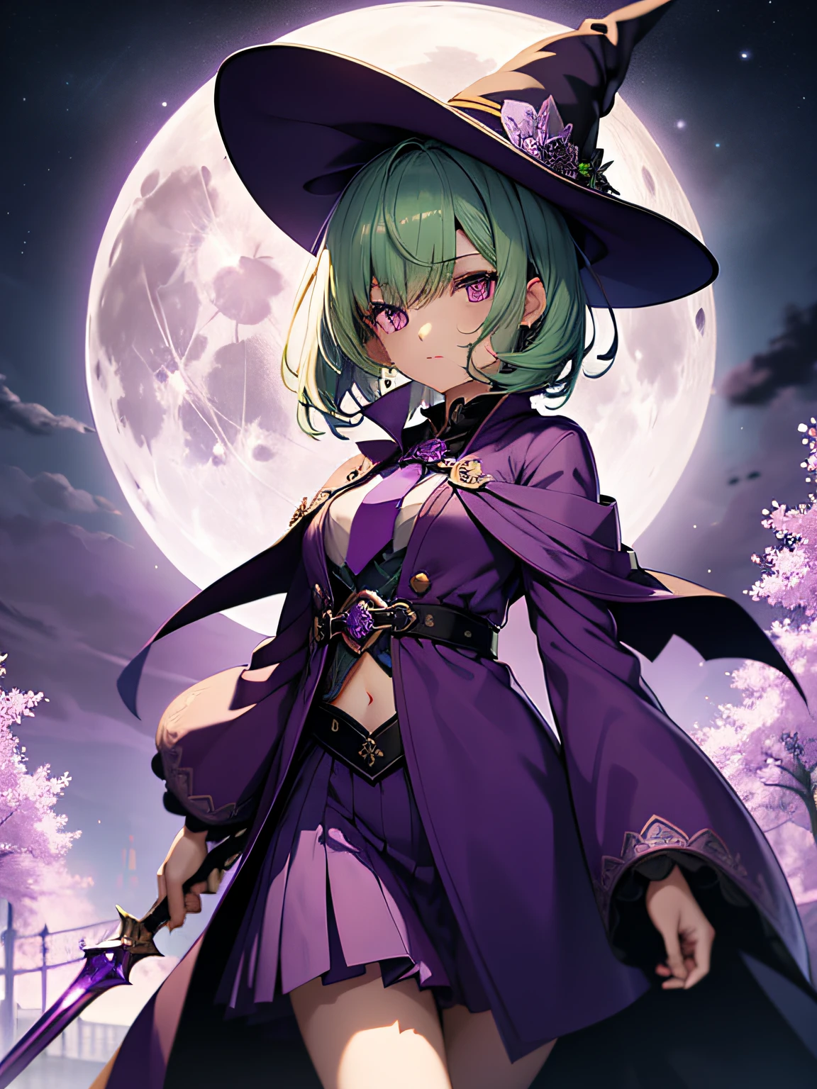 top-quality、extremely delicate and beautiful、(A teenage girl)、Purple Eye、Green hair、short-haired、(purple witch hat)、Purple tie、Soio、shortsleeves、Purple skirt、Purple Wizard Robe、Navel、is standing、Full moon night on background