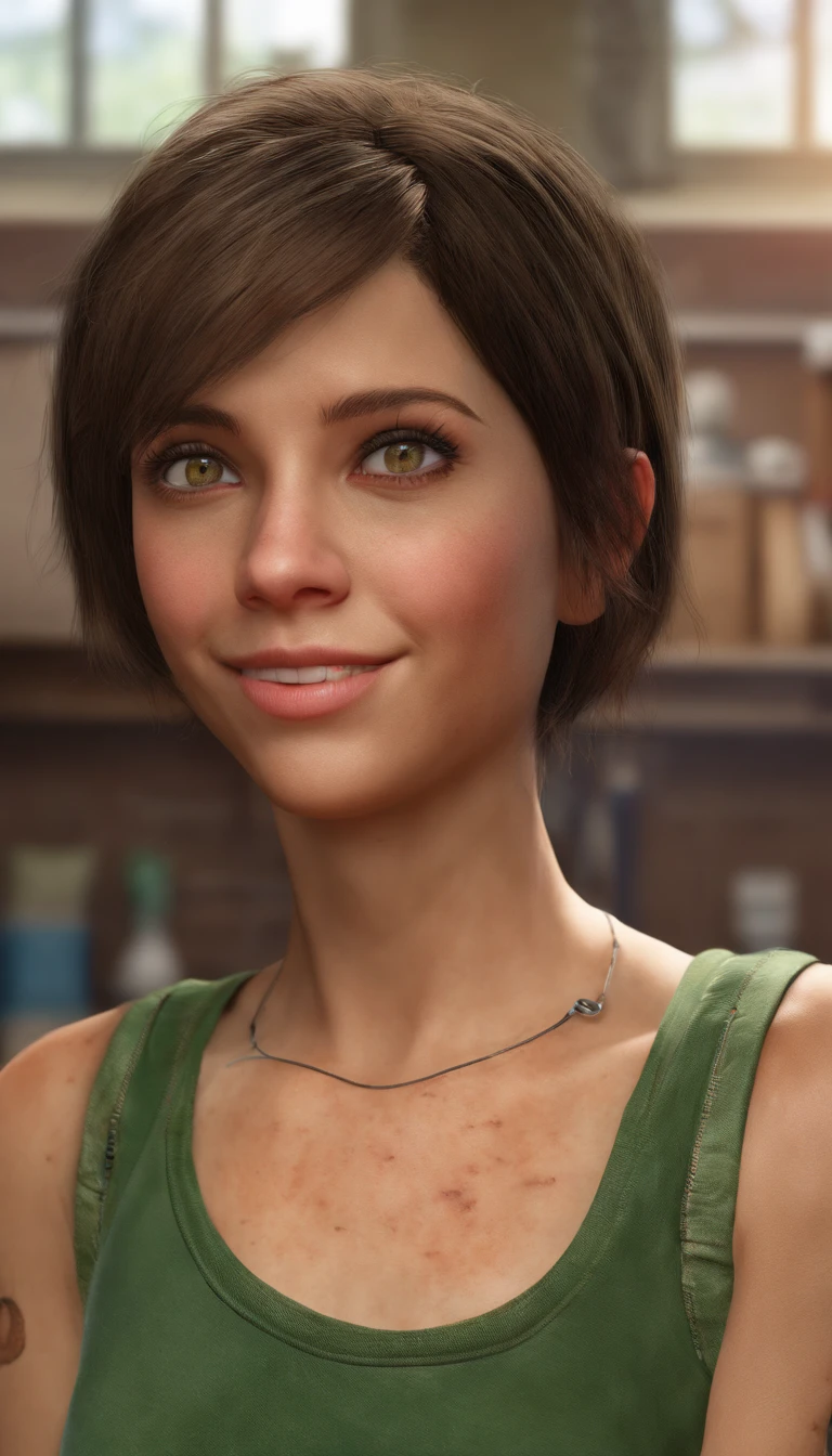 a young woman, 30 years old, looking at the viewer, brunette with short hair, with a baseball bat in her hand, with the face of a Disney character, wearing makeup, standing near the bathroom, wearing a green blouse, jean shorts, ultrarealistic resolution, 8k, 16:9 vertical dimension, portrait mode, realistic.