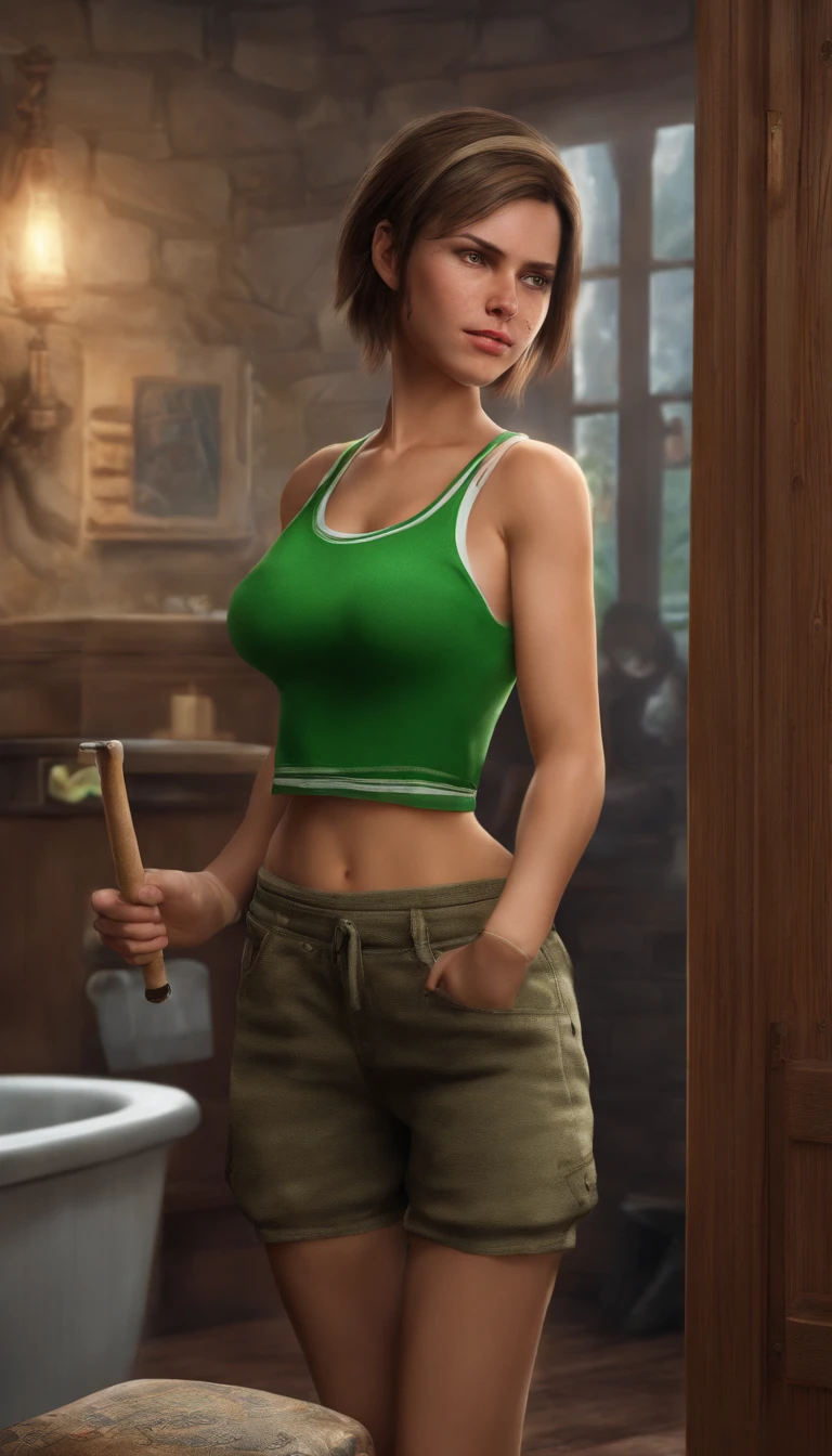 a young woman, 30 years old, looking at the viewer, brunette with short hair, with a baseball bat in her hand, with the face of a Disney character, wearing makeup, standing near the bathroom, wearing a green blouse, jean shorts, ultrarealistic resolution, 8k, 16:9 vertical dimension, portrait mode, realistic.