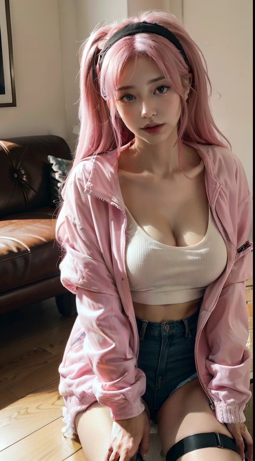 18year old, ((top-quality)), ((​masterpiece)), (high-detail:1.3), (upper body), ((bending towards camera)), (((front view))), Beautiful face (cyberpunked:1.3), ((Stylish woman wearing pink tracksuit)), (((small breasts))), Slim waist, small buttocks, (Japanese beauty), superfine illustration, exaggerated hair, (long blonde hair with bangs), (no bra!), ((barechested!), ((nipple is visible!)), running track!