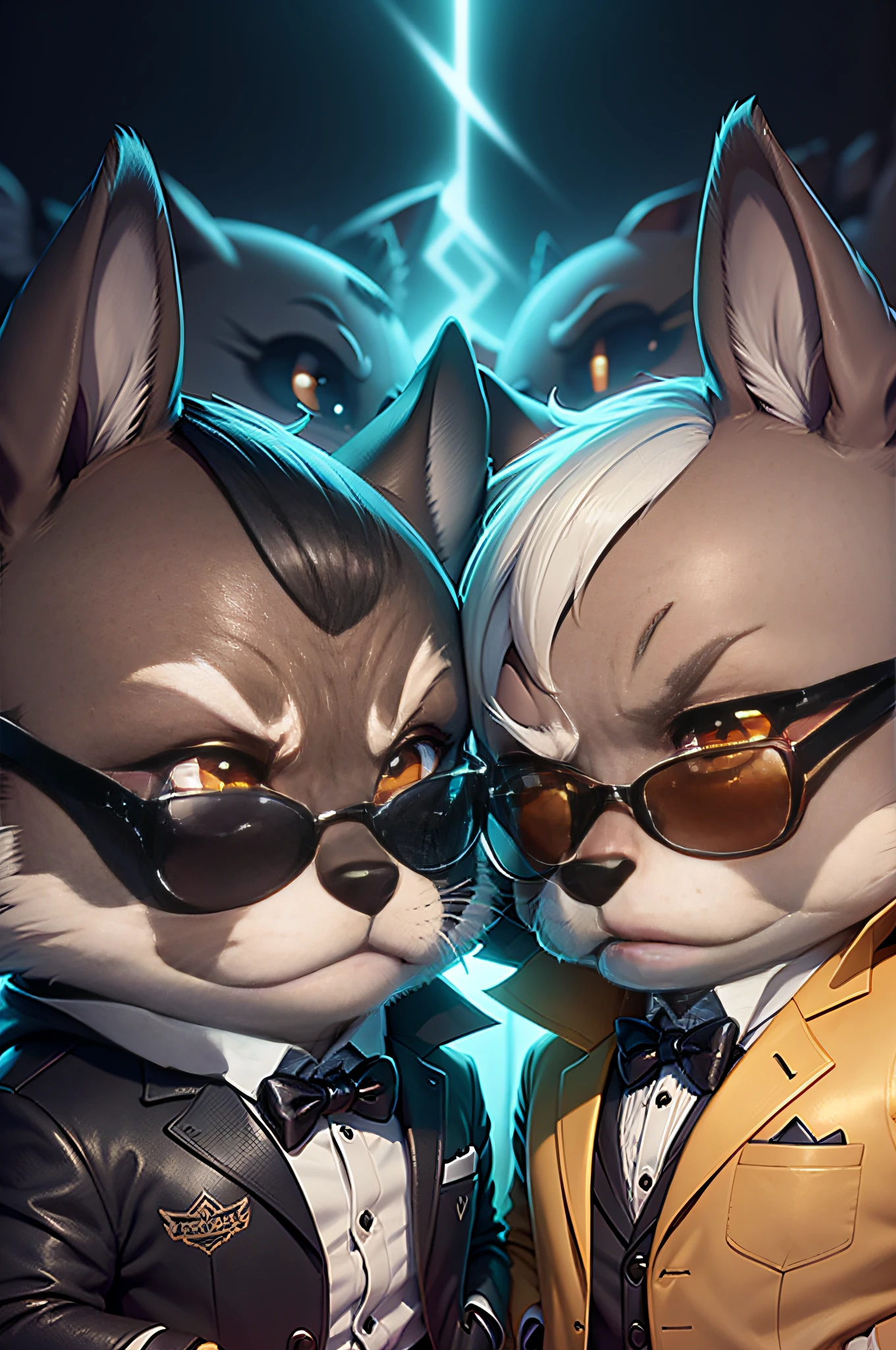 movie(Blues brothers)、Wearing dirty costumes(Pitch black suit、Pitch black tie、Pure black sunglasses、Pure white shirt)Cartoon of two men looking at us wearing、anthropomorphic dog2bolt(Miniature Schnauzer and Miniature Dachshund)