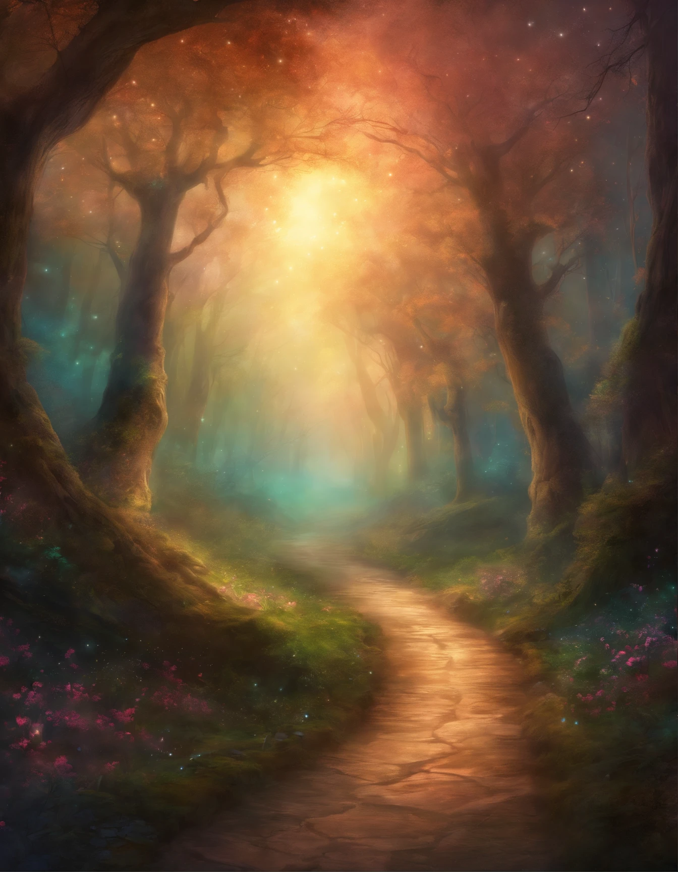 An enchanting road winding through a mystical forest, under a starry sky.
