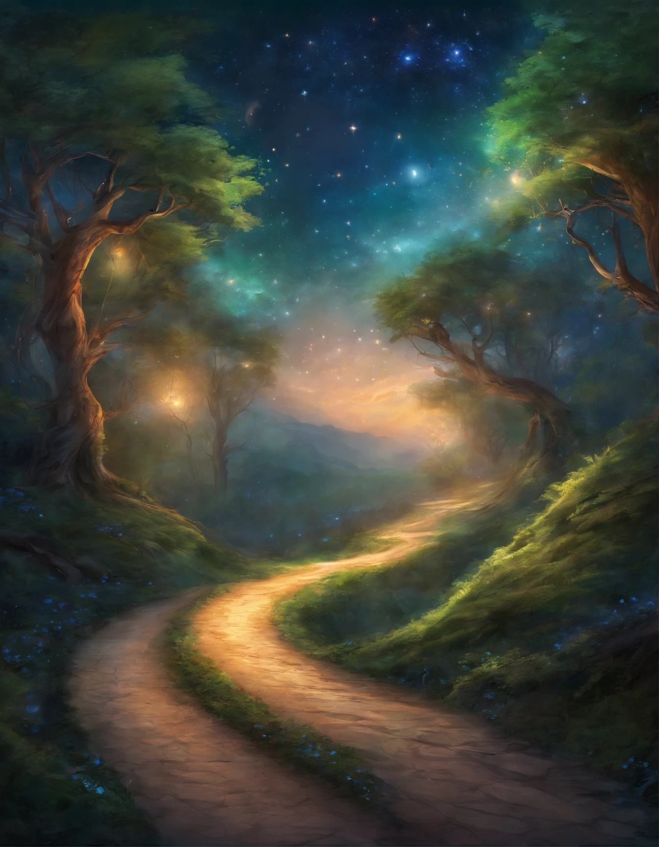 An enchanting road winding through a mystical forest, under a starry sky.