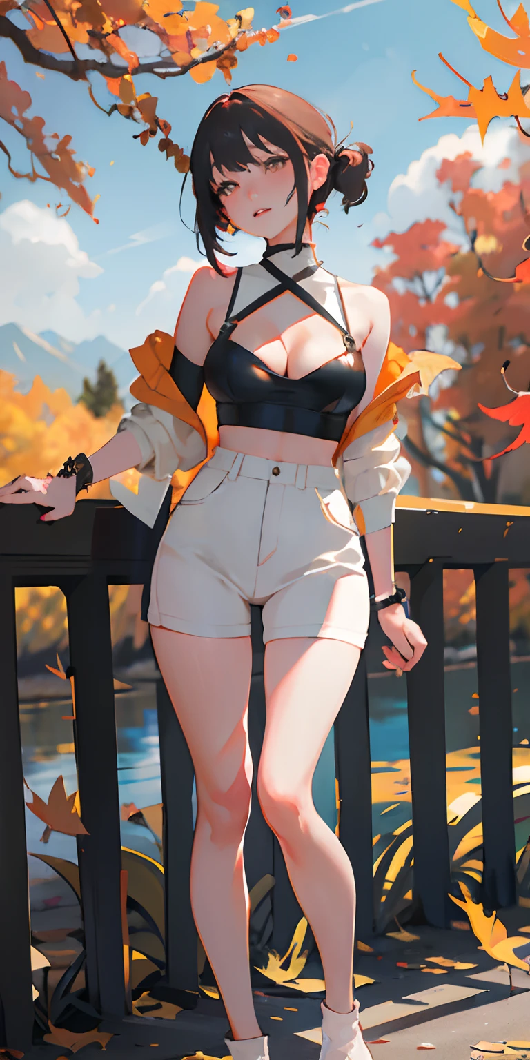 realisticlying、girl with、Outdoor Fashion、Autumn leaves Autumn leaves、Beautiful ginkgo tree、Slightly larger breasts with an emphasis on cleavage、Sexy Posing、Nature views