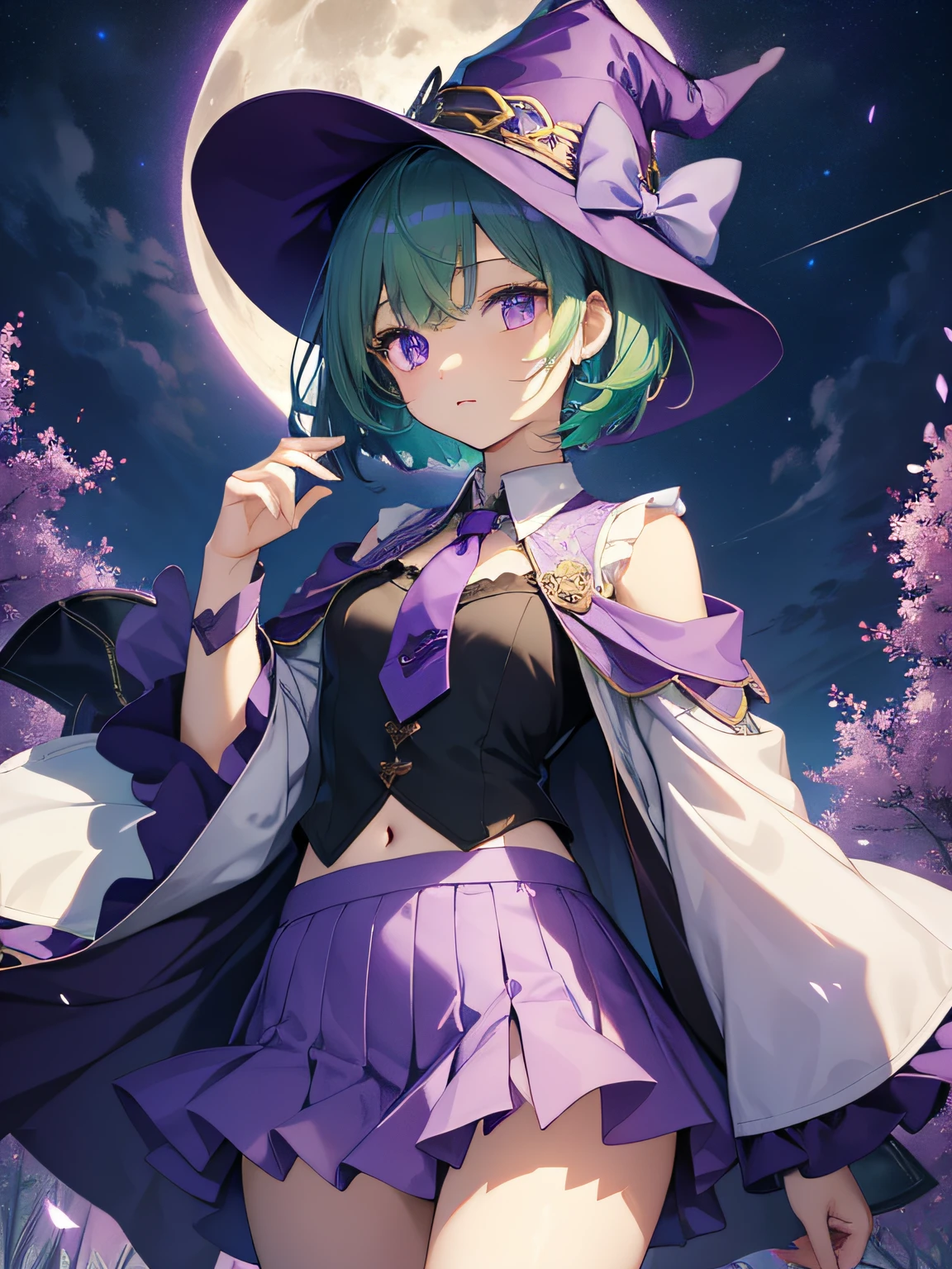 top-quality、extremely delicate and beautiful、(A age girl)、Purple Eye、Green hair、short-haired、(purple witch hat)、Purple tie、Soio、shortsleeves、Purple skirt、Purple Wizard Robe、Navel、is standing、Full moon night on background