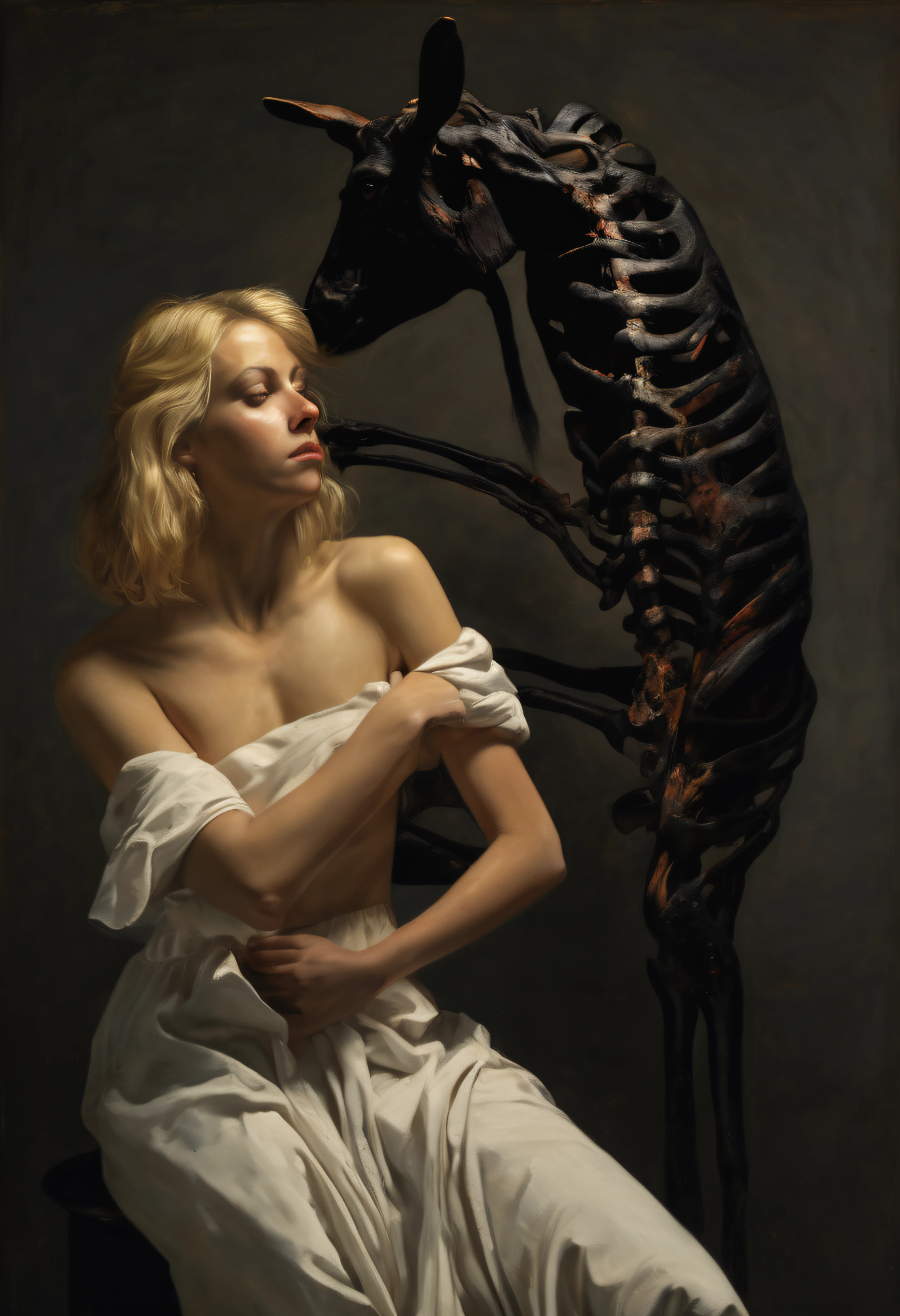 "(The best lighting, alto contraste, oscuro, dramatic),(Chica rubia junto a una cabra negra gigante, Open the rib cage, feto, autopsia, huesos humanos, sangre por las paredes). Luz Caravaggio"