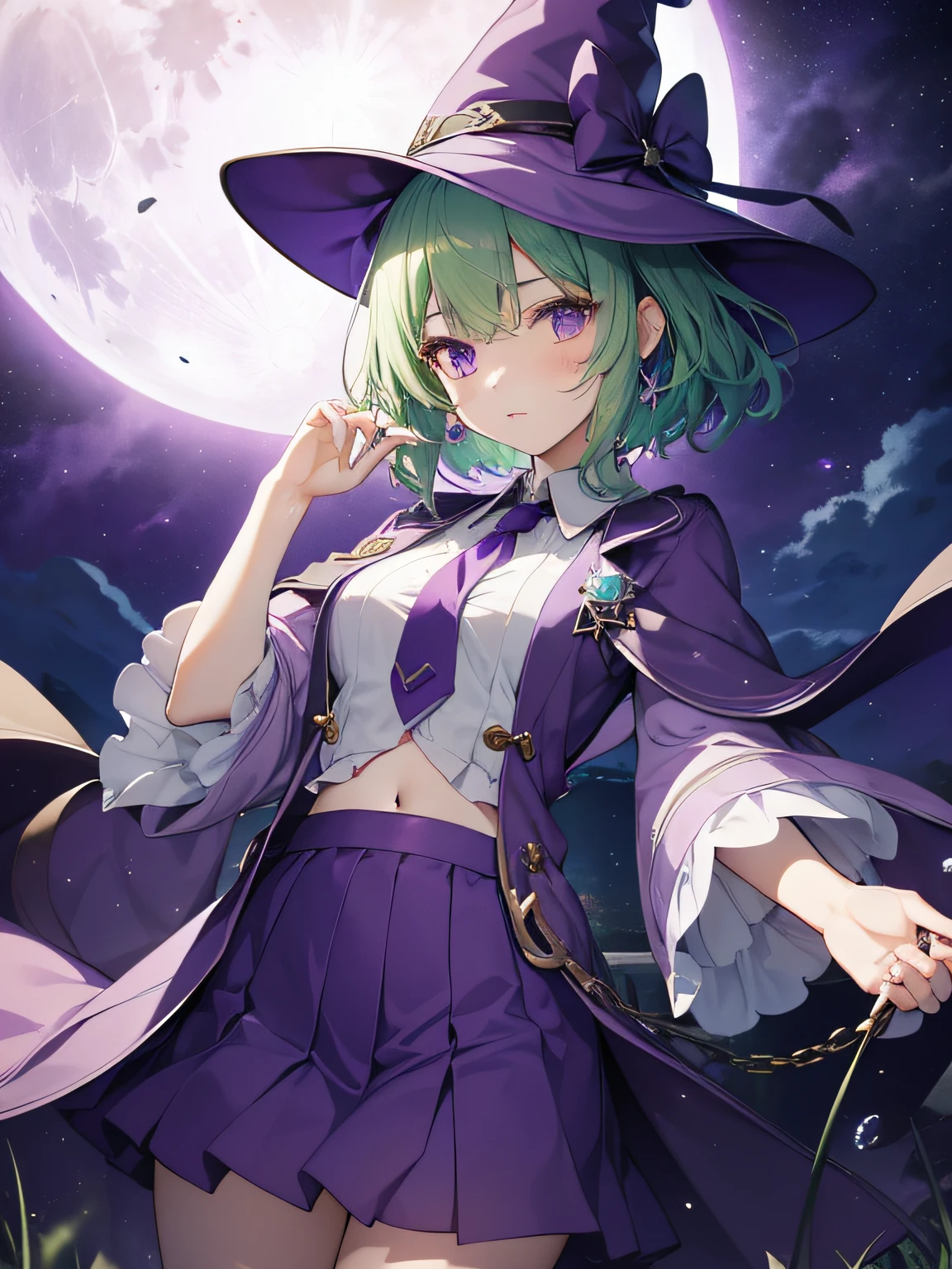 top-quality、extremely delicate and beautiful、(A girl)、Purple Eye、Green hair、short-haired、(purple witch hat)、Purple tie、Soio、shortsleeves、Purple skirt、Purple Wizard Robe、Navel、is standing、Full moon night on background