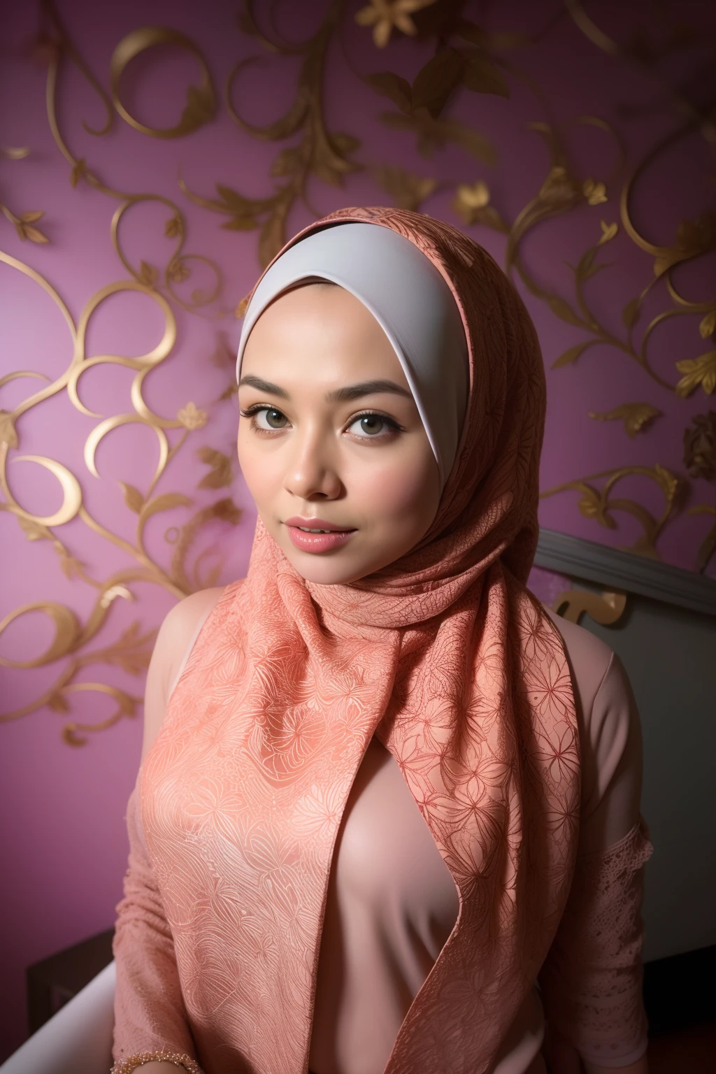 praying, javanese, (((pink hijabi))), cleavage, singing show, reflection light, chiaroscuro, depth of field, cinematic lighting, red lips, red lace bra, red lace underwear, white thin cardigan,
