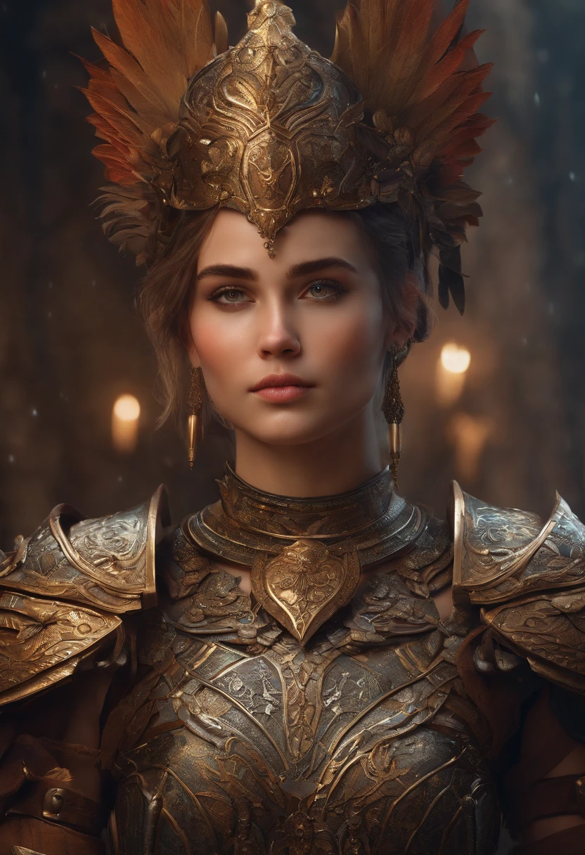 a detailed warrior girl with giant armor full of details and ornaments,beautiful girl with very short hair