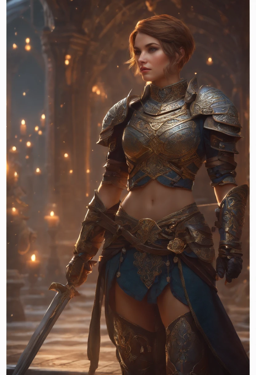 a detailed warrior girl with giant armor full of details and ornaments,beautiful girl with very short hair